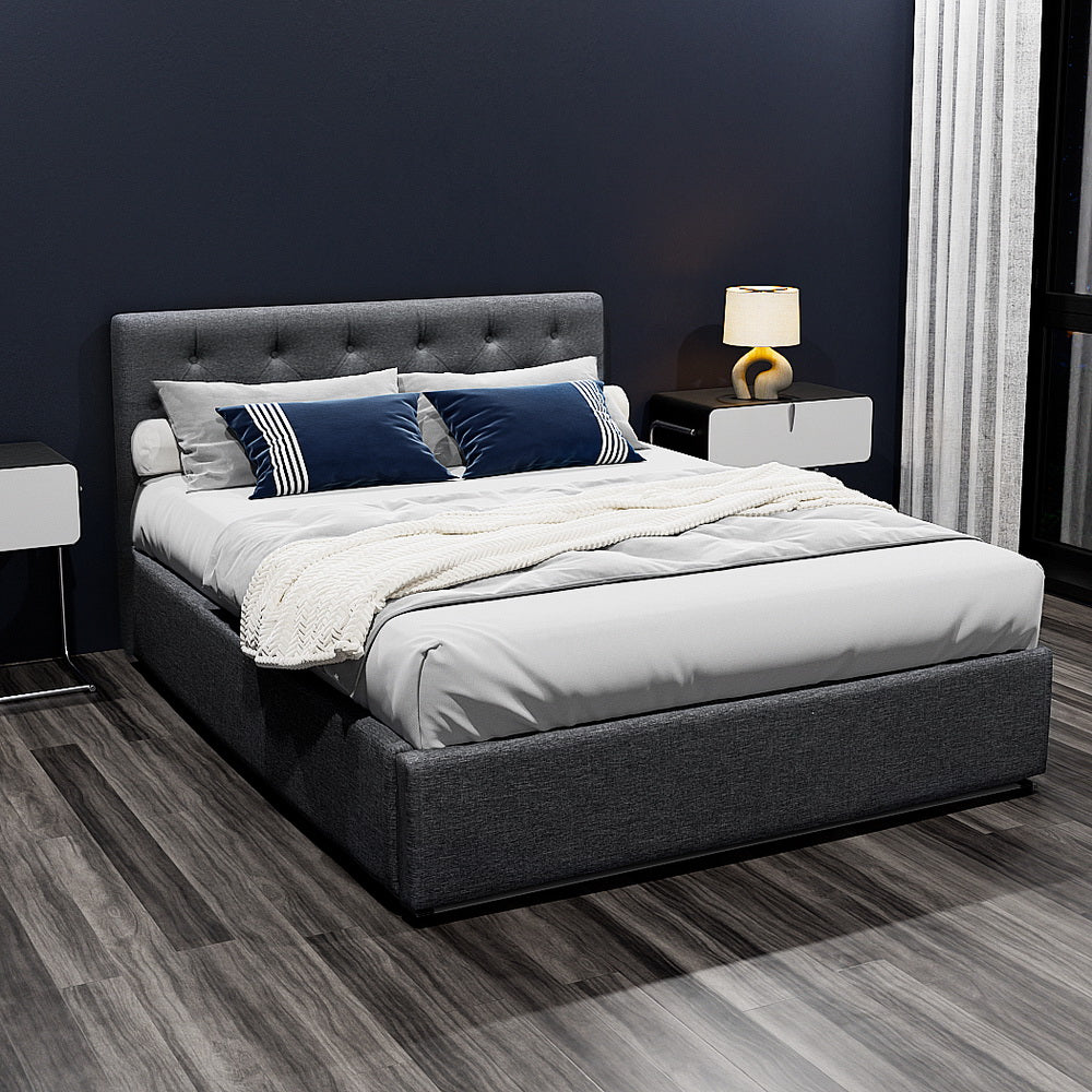 Artiss Bed Frame Double Size Gas Lift Base With Storage Charcoal Fabric Vila Collection-Bed Frames-PEROZ Accessories