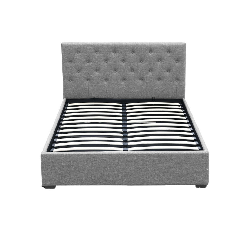 Artiss Vila Bed Frame Fabric Gas Lift Storage - Grey Double-Bed Frames-PEROZ Accessories