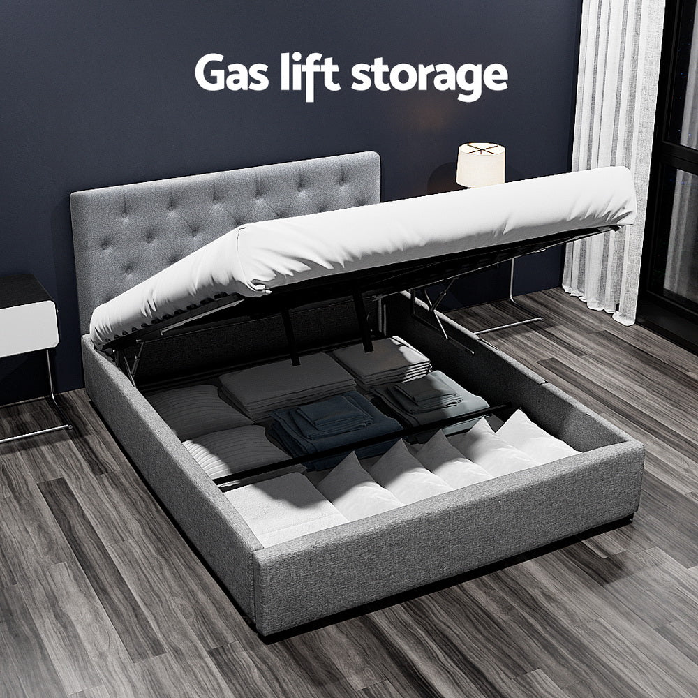 Artiss Vila Bed Frame Fabric Gas Lift Storage - Grey Double-Bed Frames-PEROZ Accessories