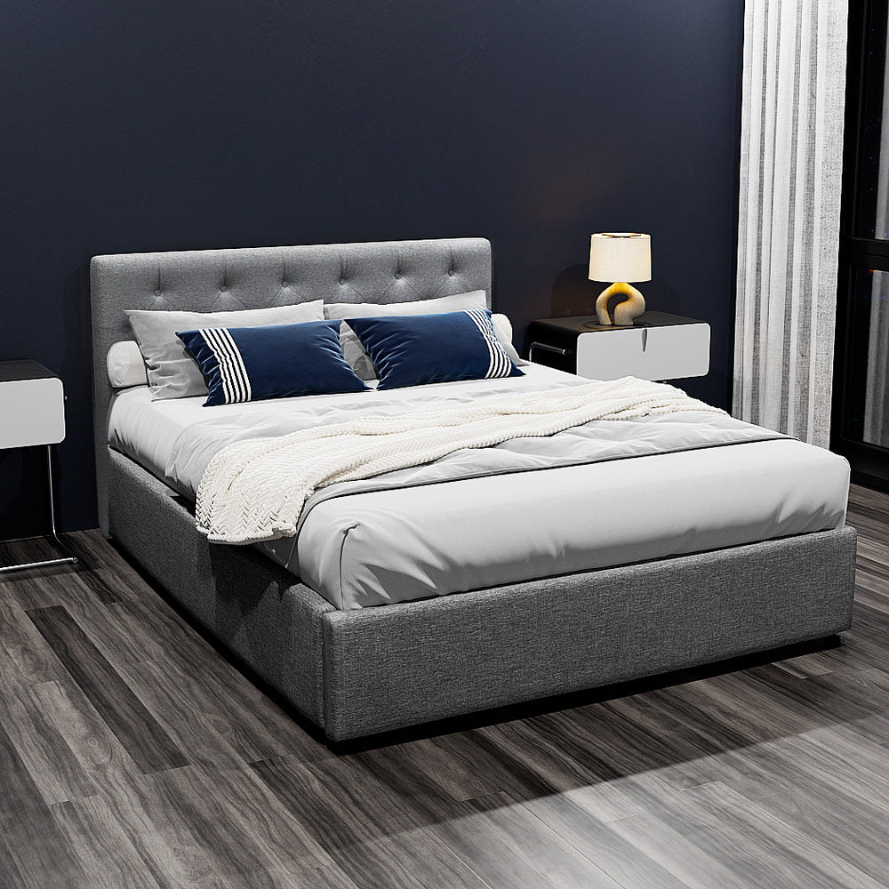 Artiss Vila Bed Frame Fabric Gas Lift Storage - Grey Double-Bed Frames-PEROZ Accessories