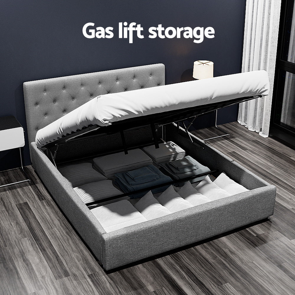 Artiss Vila Bed Frame Fabric Gas Lift Storage - Grey Queen-Furniture > Bedroom-PEROZ Accessories