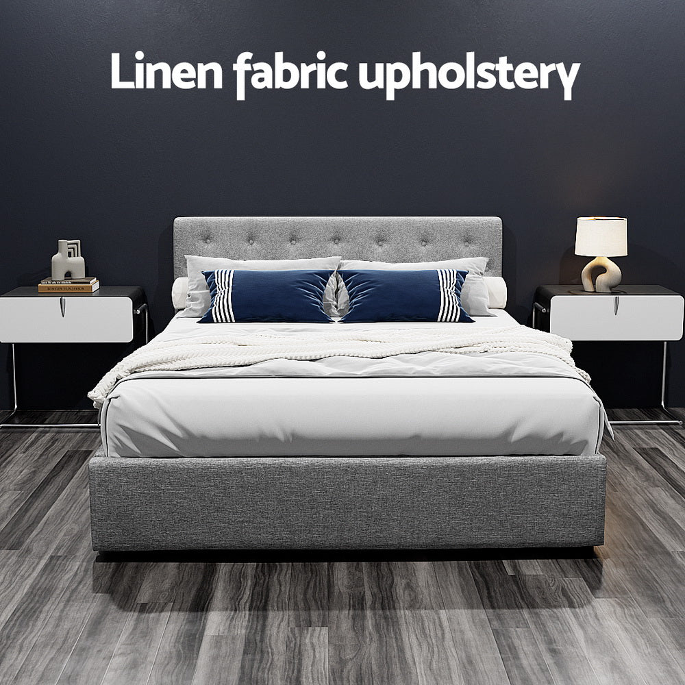 Artiss Vila Bed Frame Fabric Gas Lift Storage - Grey Queen-Furniture > Bedroom-PEROZ Accessories