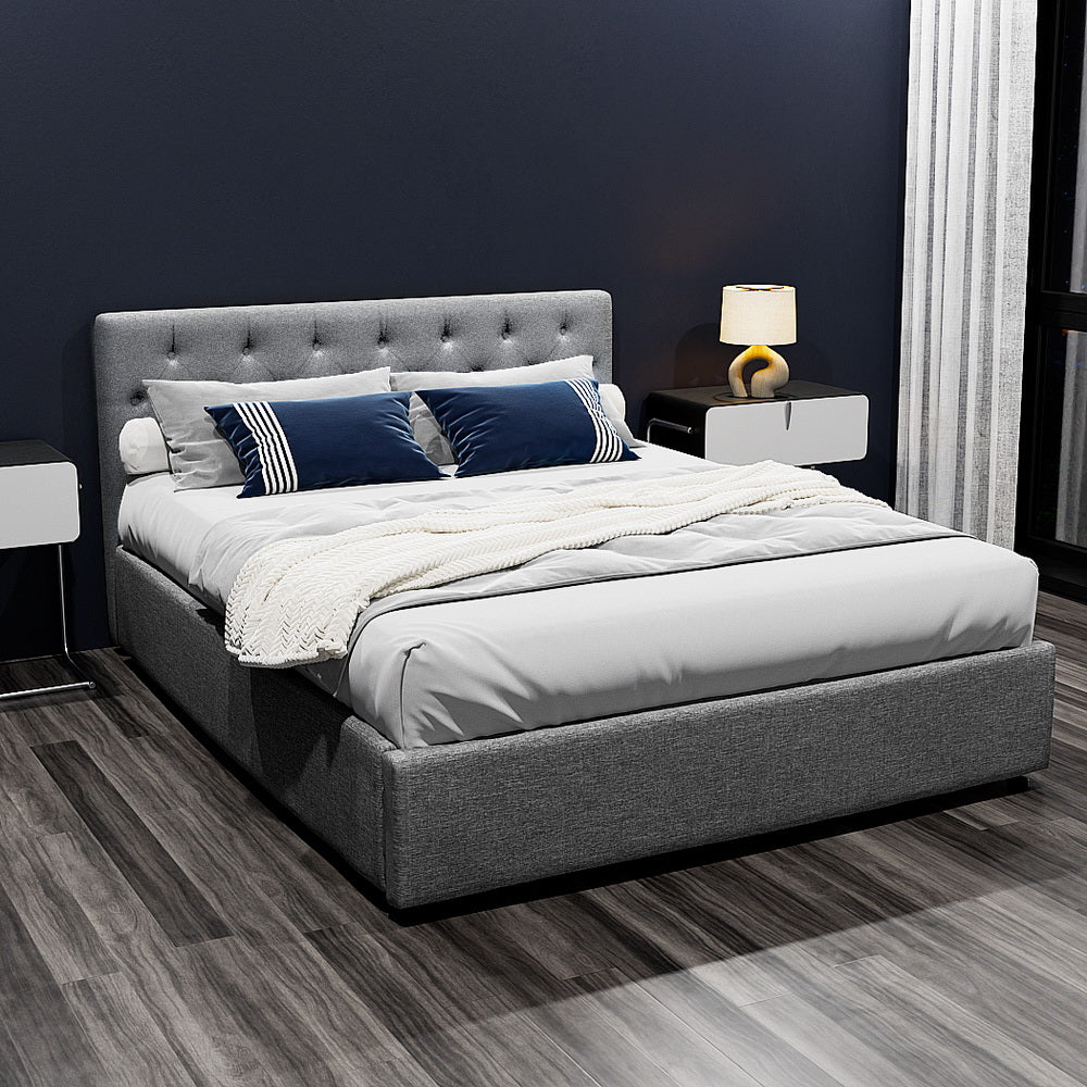 Artiss Vila Bed Frame Fabric Gas Lift Storage - Grey Queen-Furniture > Bedroom-PEROZ Accessories
