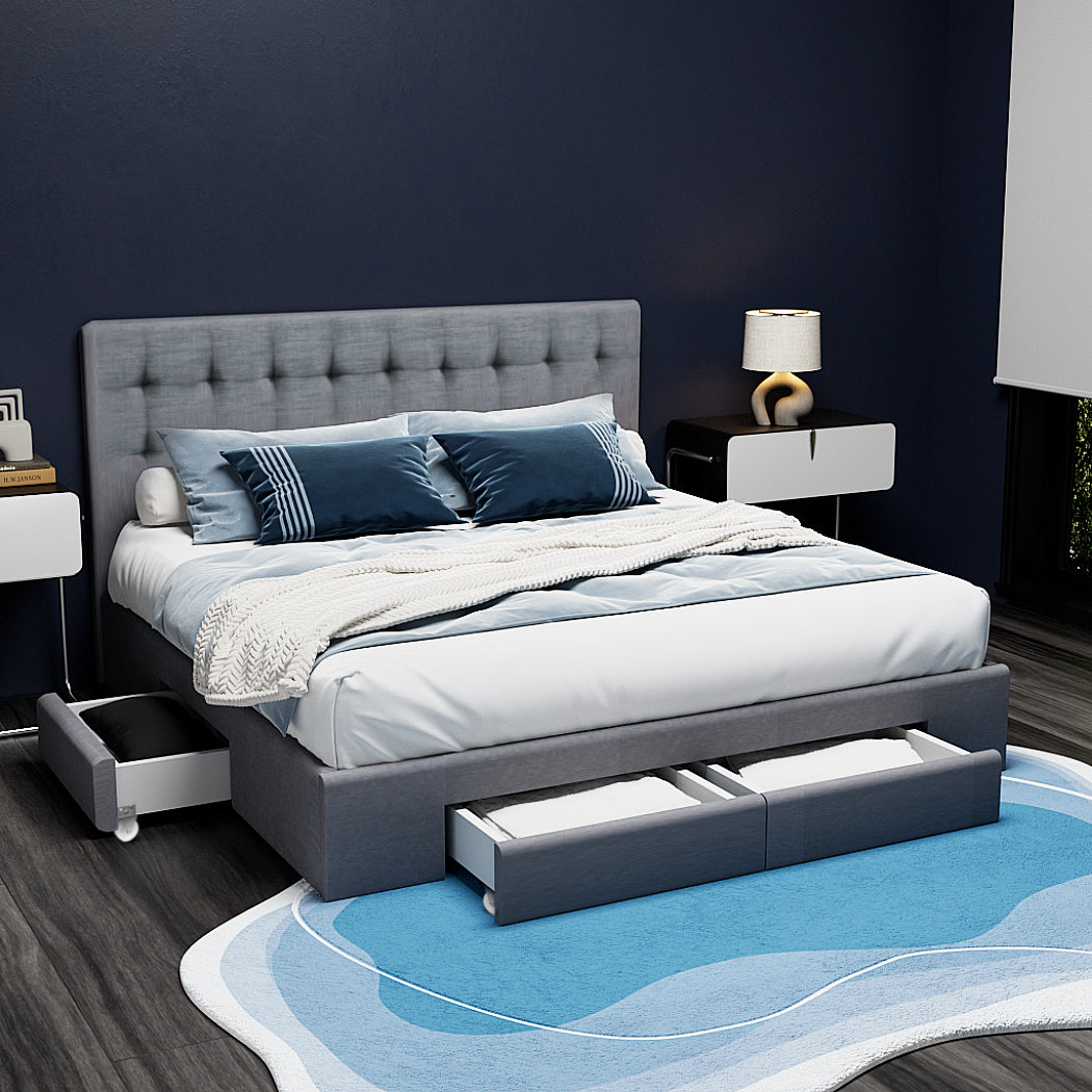 Artiss Avio Bed Frame Fabric Storage Drawers - Grey Queen-Bed Frames-PEROZ Accessories