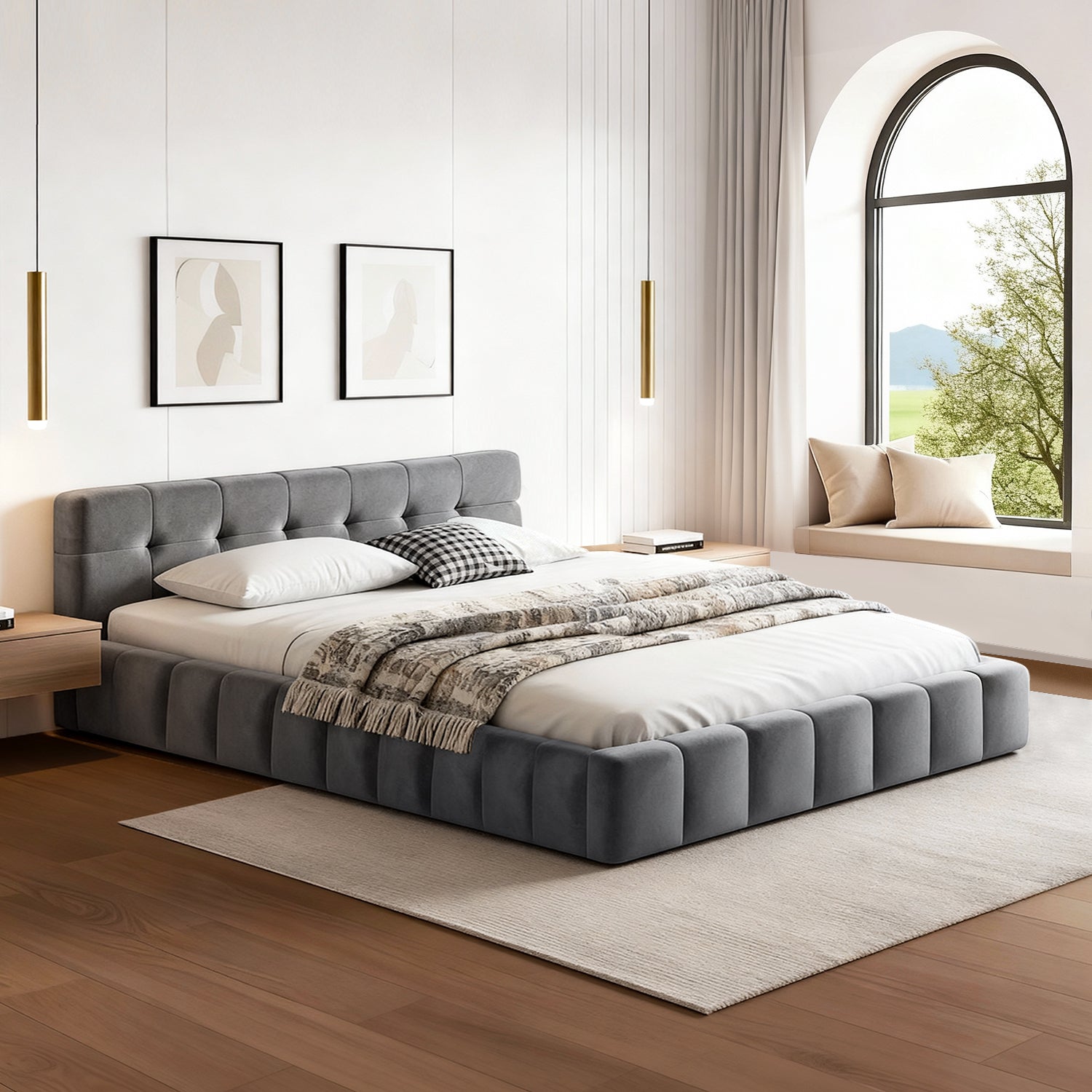 Artiss Double Size Bed Frame Plush Soft Headboard Velvet Platform Base for Modern Bedrooms Grey-Furniture > Bedroom > Beds & Bed Frames-PEROZ Accessories