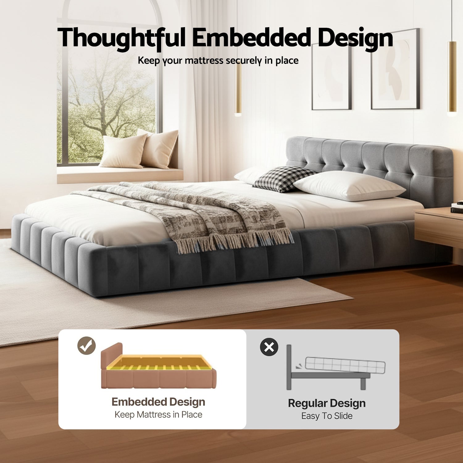 Artiss Double Size Bed Frame Plush Soft Headboard Velvet Platform Base for Modern Bedrooms Grey-Furniture > Bedroom > Beds & Bed Frames-PEROZ Accessories