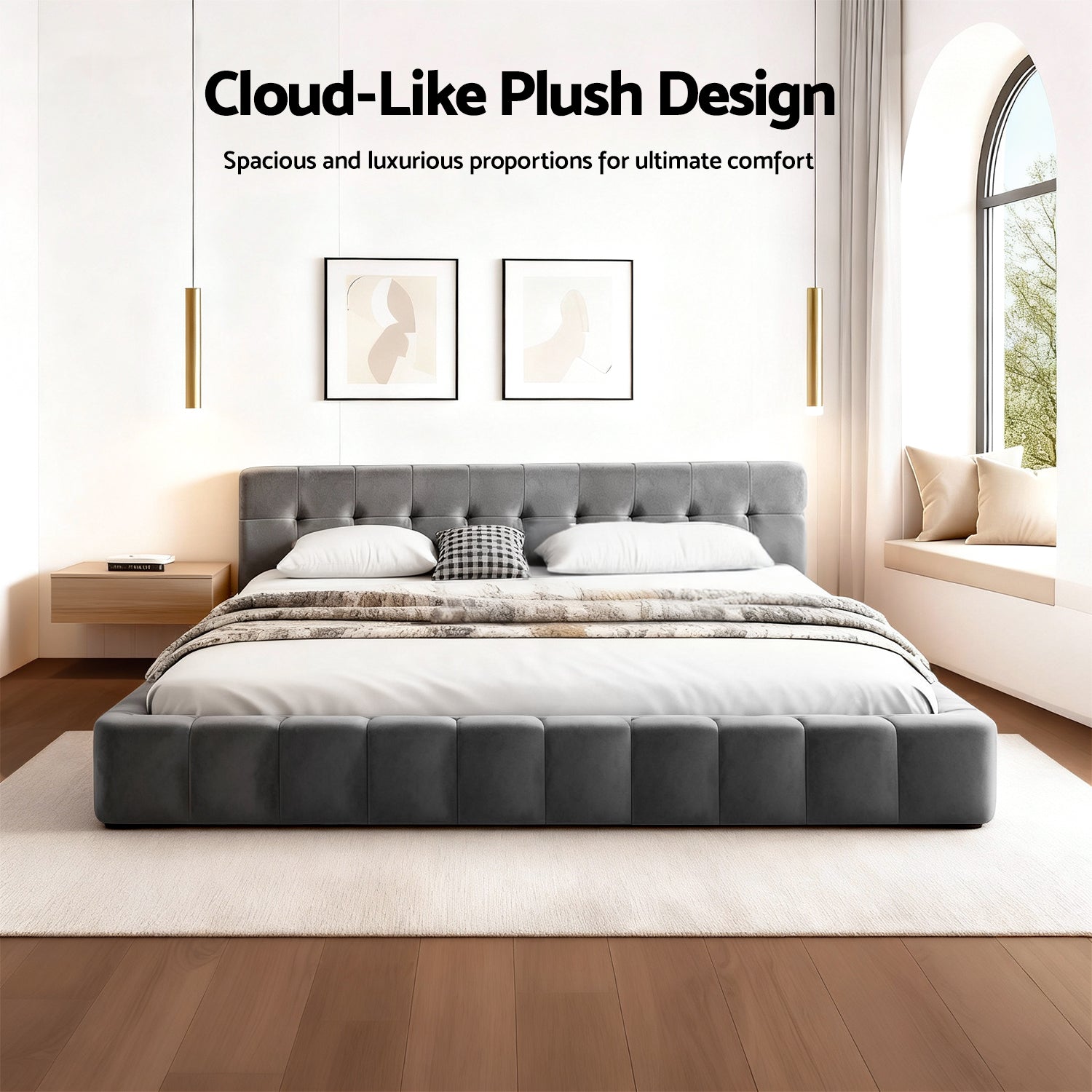 Artiss King Size Bed Frame Plush Soft Headboard Velvet Platform Base for Modern Bedrooms Grey-Furniture > Bedroom > Beds & Bed Frames-PEROZ Accessories