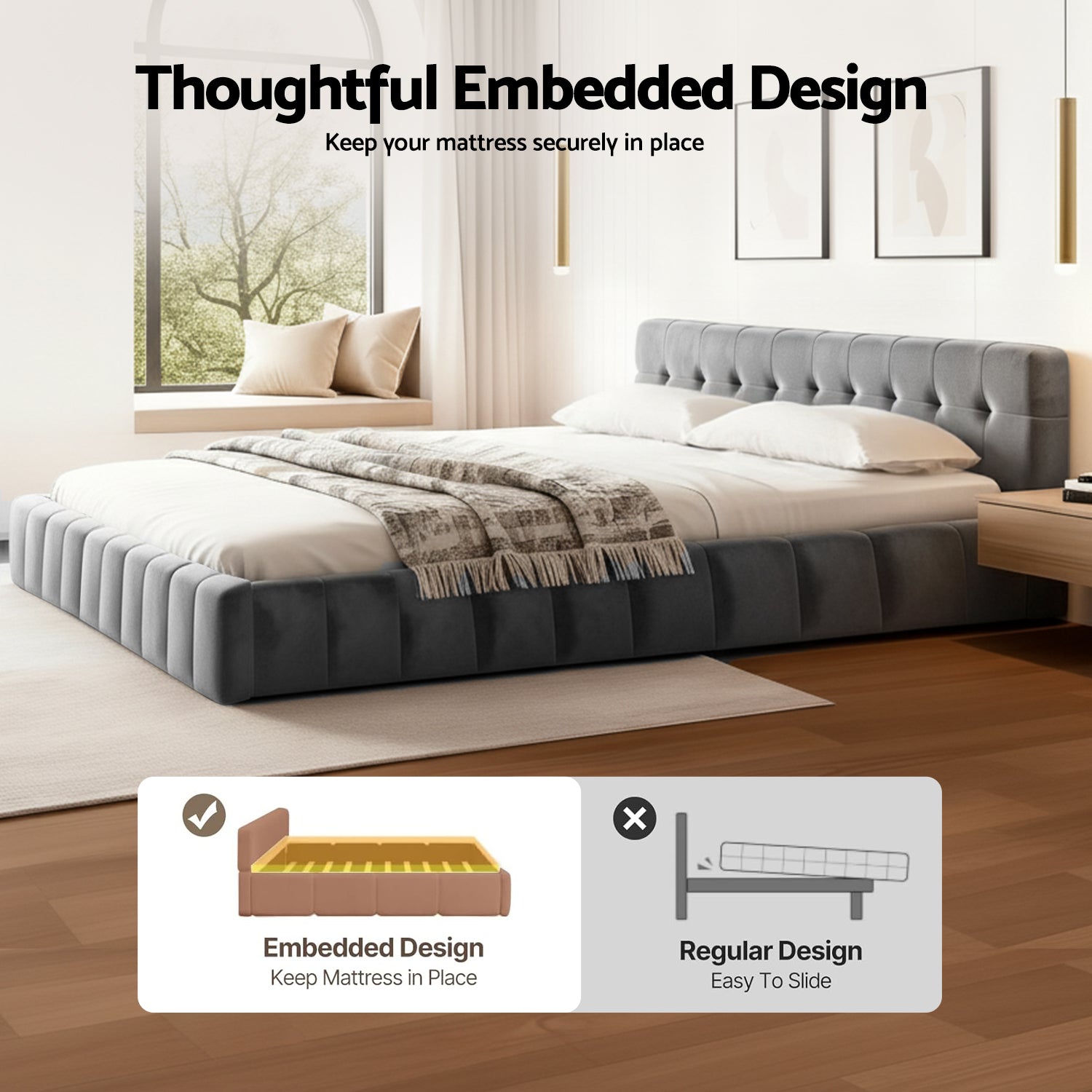 Artiss King Size Bed Frame Plush Soft Headboard Velvet Platform Base for Modern Bedrooms Grey-Furniture > Bedroom > Beds & Bed Frames-PEROZ Accessories