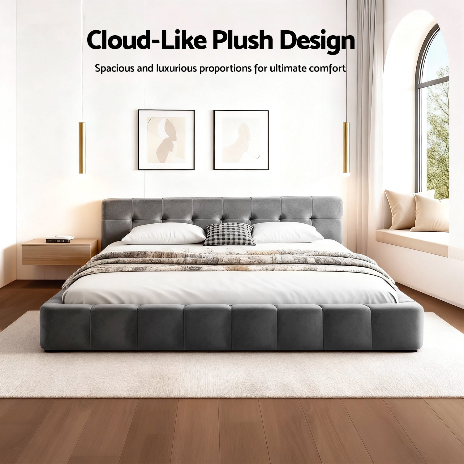 Artiss Queen Size Bed Frame Plush Soft Headboard Velvet Platform Base for Modern Bedrooms Grey-Furniture > Bedroom > Beds & Bed Frames-PEROZ Accessories