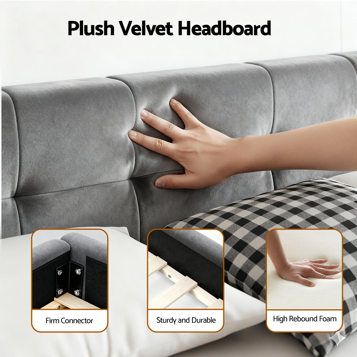 Artiss Queen Size Bed Frame Plush Soft Headboard Velvet Platform Base for Modern Bedrooms Grey-Furniture > Bedroom > Beds & Bed Frames-PEROZ Accessories