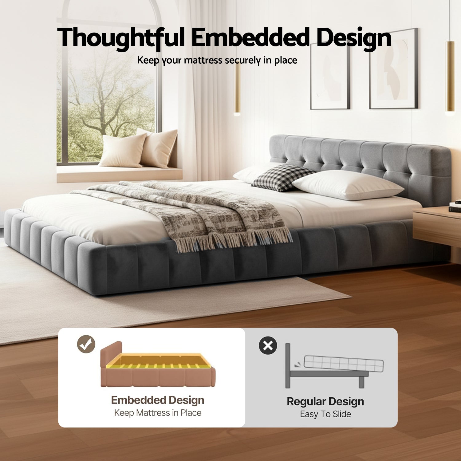 Artiss Queen Size Bed Frame Plush Soft Headboard Velvet Platform Base for Modern Bedrooms Grey-Furniture > Bedroom > Beds & Bed Frames-PEROZ Accessories