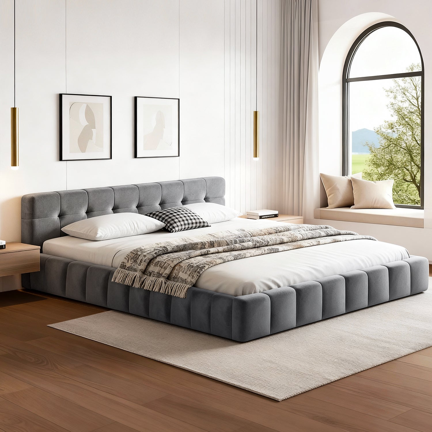 Artiss Queen Size Bed Frame Plush Soft Headboard Velvet Platform Base for Modern Bedrooms Grey-Furniture > Bedroom > Beds & Bed Frames-PEROZ Accessories