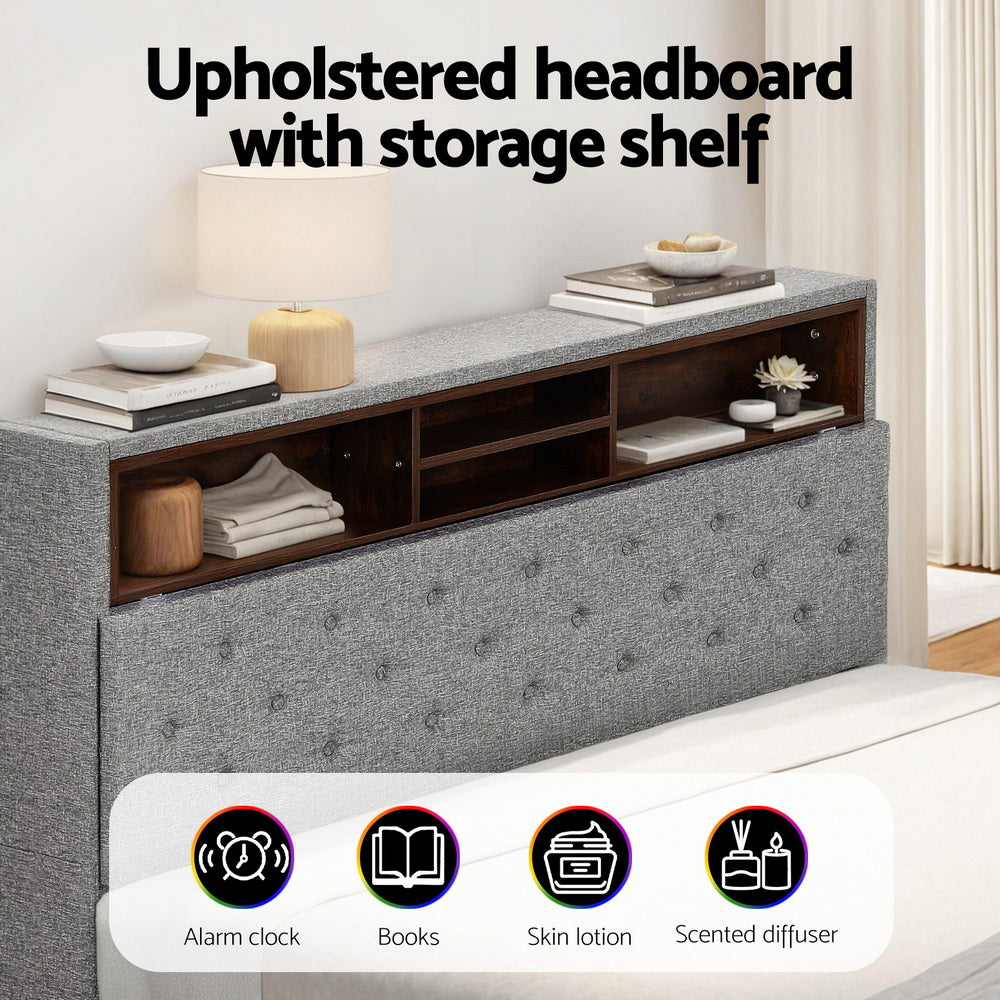 Artiss Bed Frame Queen Size LED Mattress Base Platform with Storage Shelf Hidden Storage Box Grey-Furniture > Bedroom > Beds & Bed Frames-PEROZ Accessories