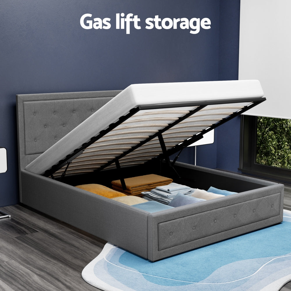 Artiss Tiyo Bed Frame Fabric Gas Lift Storage - Grey Double-Bed Frames-PEROZ Accessories