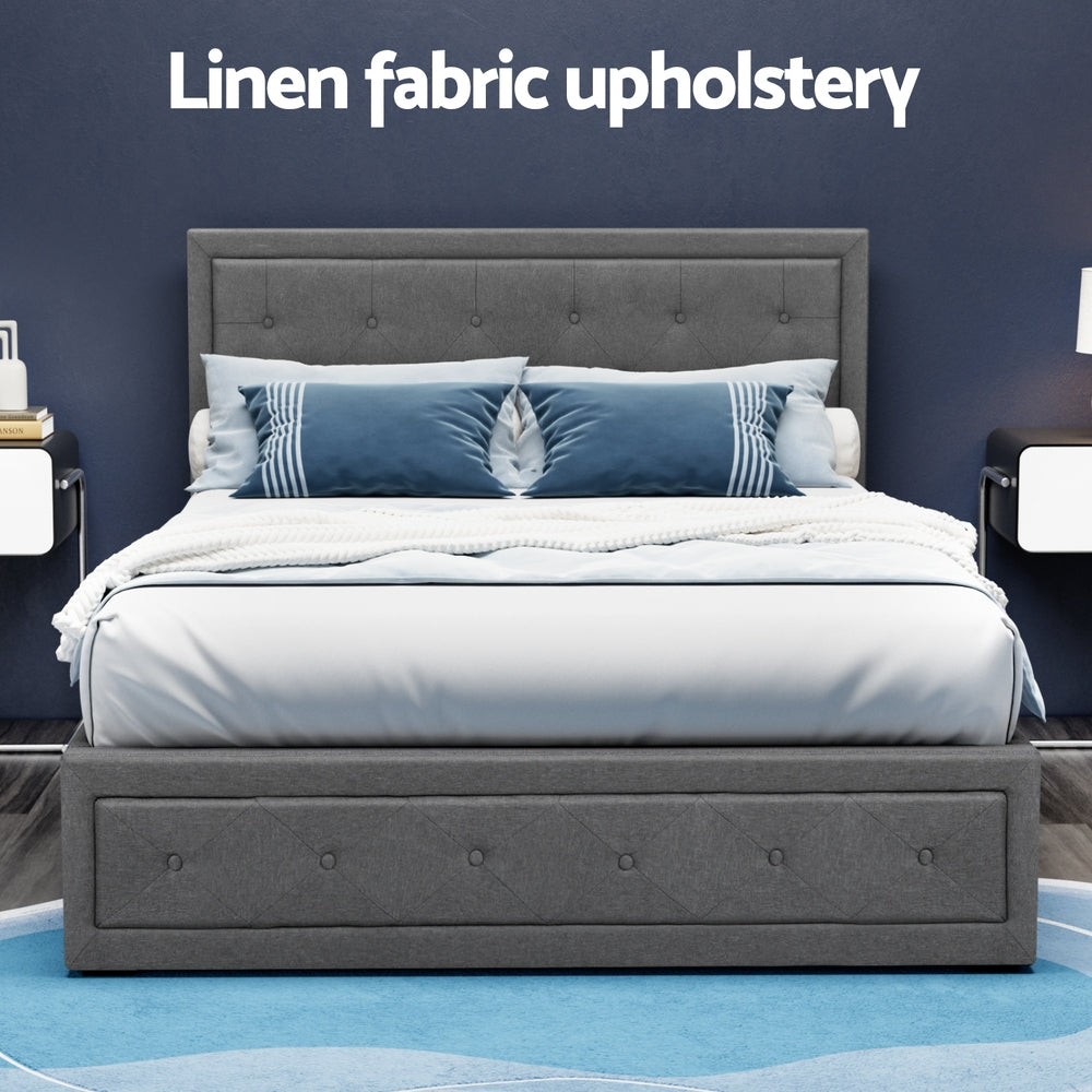 Artiss Tiyo Bed Frame Fabric Gas Lift Storage - Grey Double-Bed Frames-PEROZ Accessories