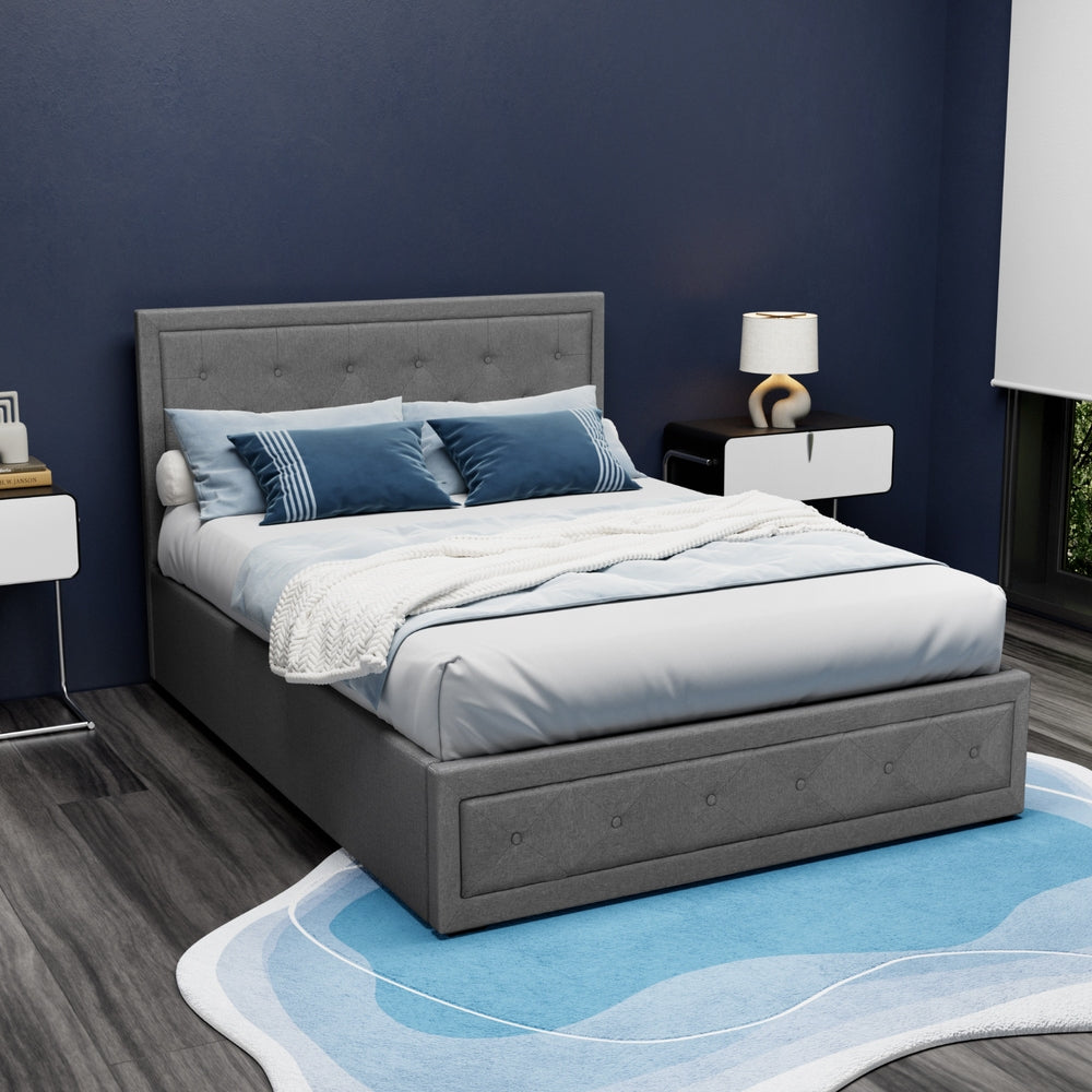 Artiss Tiyo Bed Frame Fabric Gas Lift Storage - Grey Double-Bed Frames-PEROZ Accessories