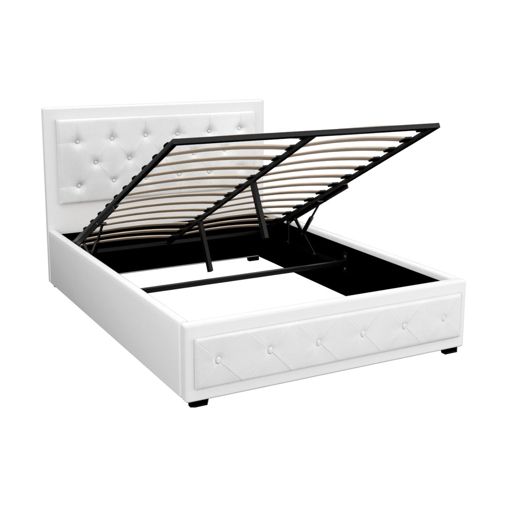 Artiss Tiyo Bed Frame PU Leather Gas Lift Storage - White Double-Bed Frames-PEROZ Accessories