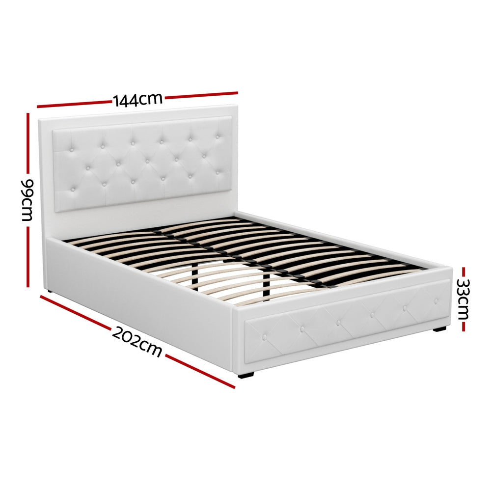 Artiss Tiyo Bed Frame PU Leather Gas Lift Storage - White Double-Bed Frames-PEROZ Accessories