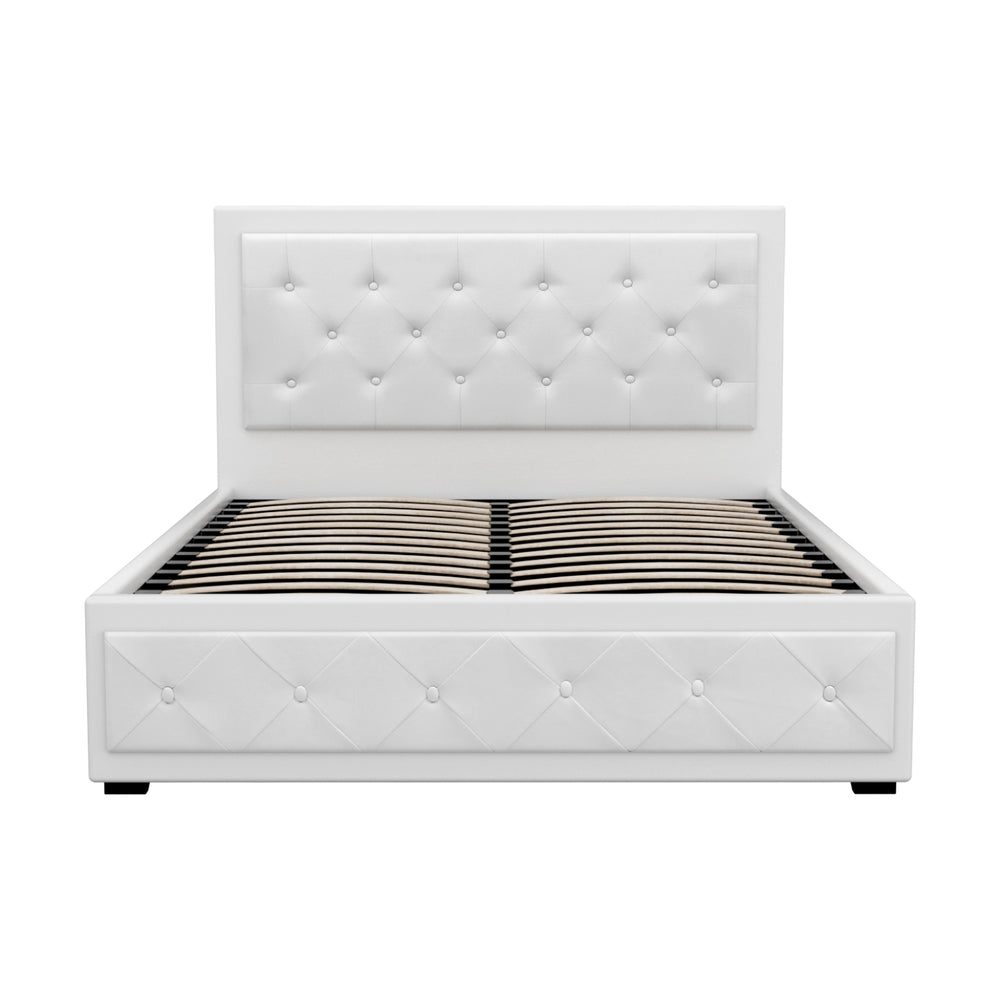Artiss Tiyo Bed Frame PU Leather Gas Lift Storage - White Double-Bed Frames-PEROZ Accessories