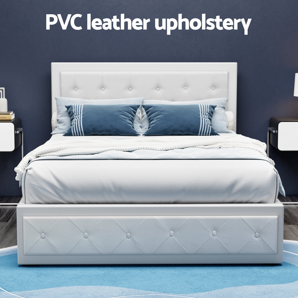 Artiss Tiyo Bed Frame PU Leather Gas Lift Storage - White Double-Bed Frames-PEROZ Accessories