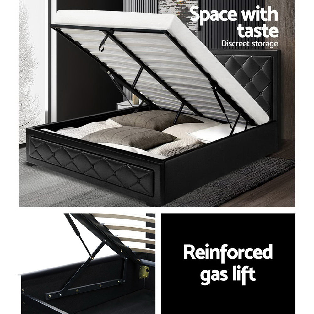 Artiss Tiyo Bed Frame PU Leather Gas Lift Storage - Black Queen-Bed Frames-PEROZ Accessories