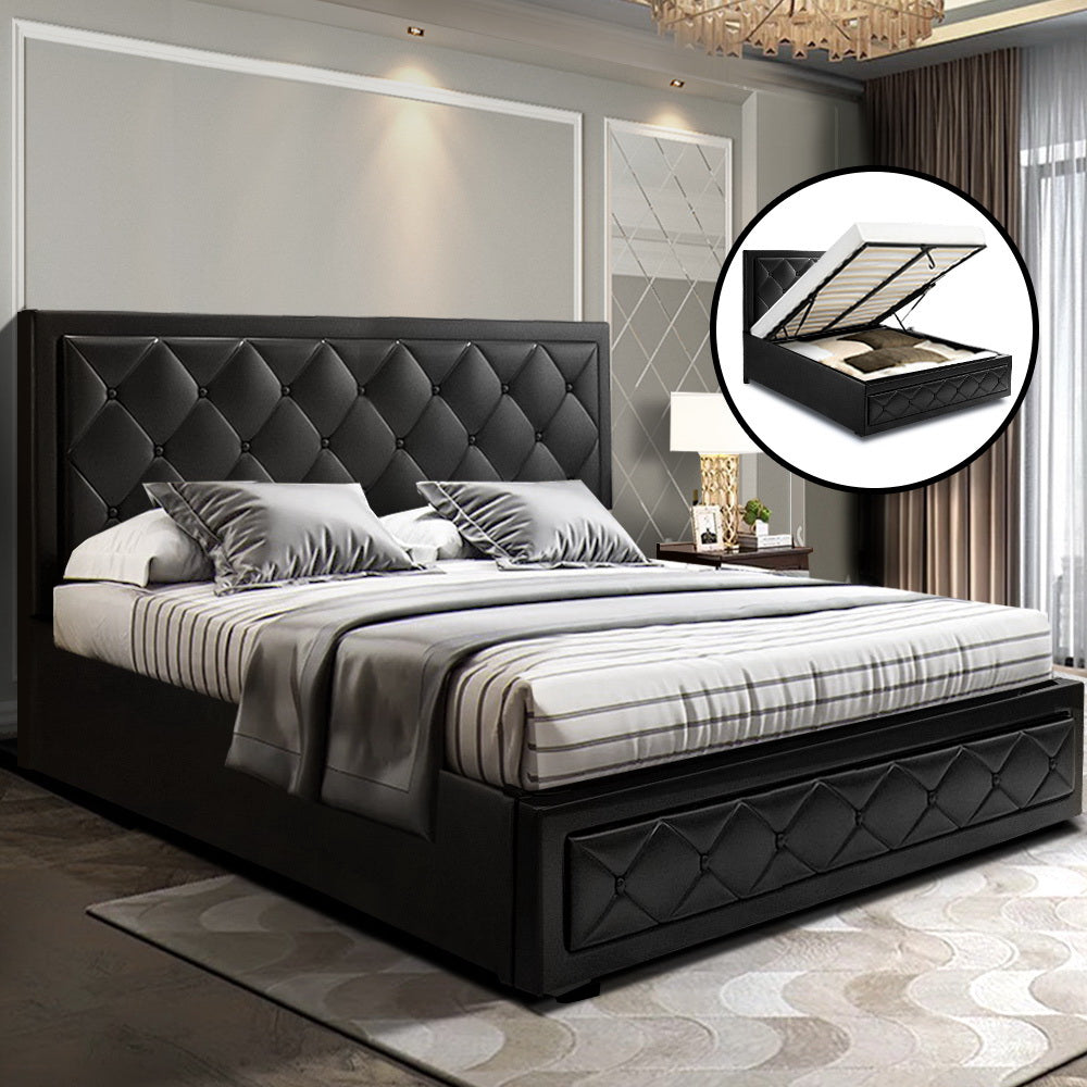 Artiss Tiyo Bed Frame PU Leather Gas Lift Storage - Black Queen-Bed Frames-PEROZ Accessories