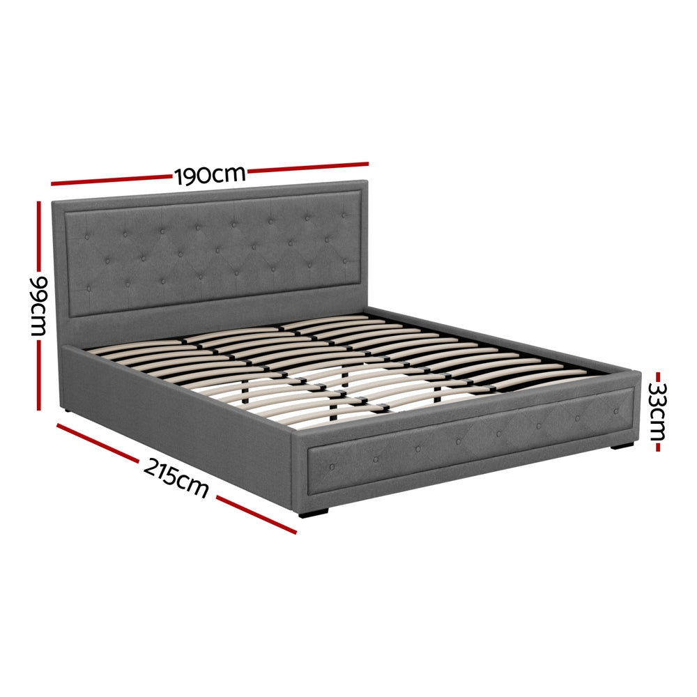 Artiss Tiyo Bed Frame Fabric Gas Lift Storage - Grey King-Bed Frames-PEROZ Accessories