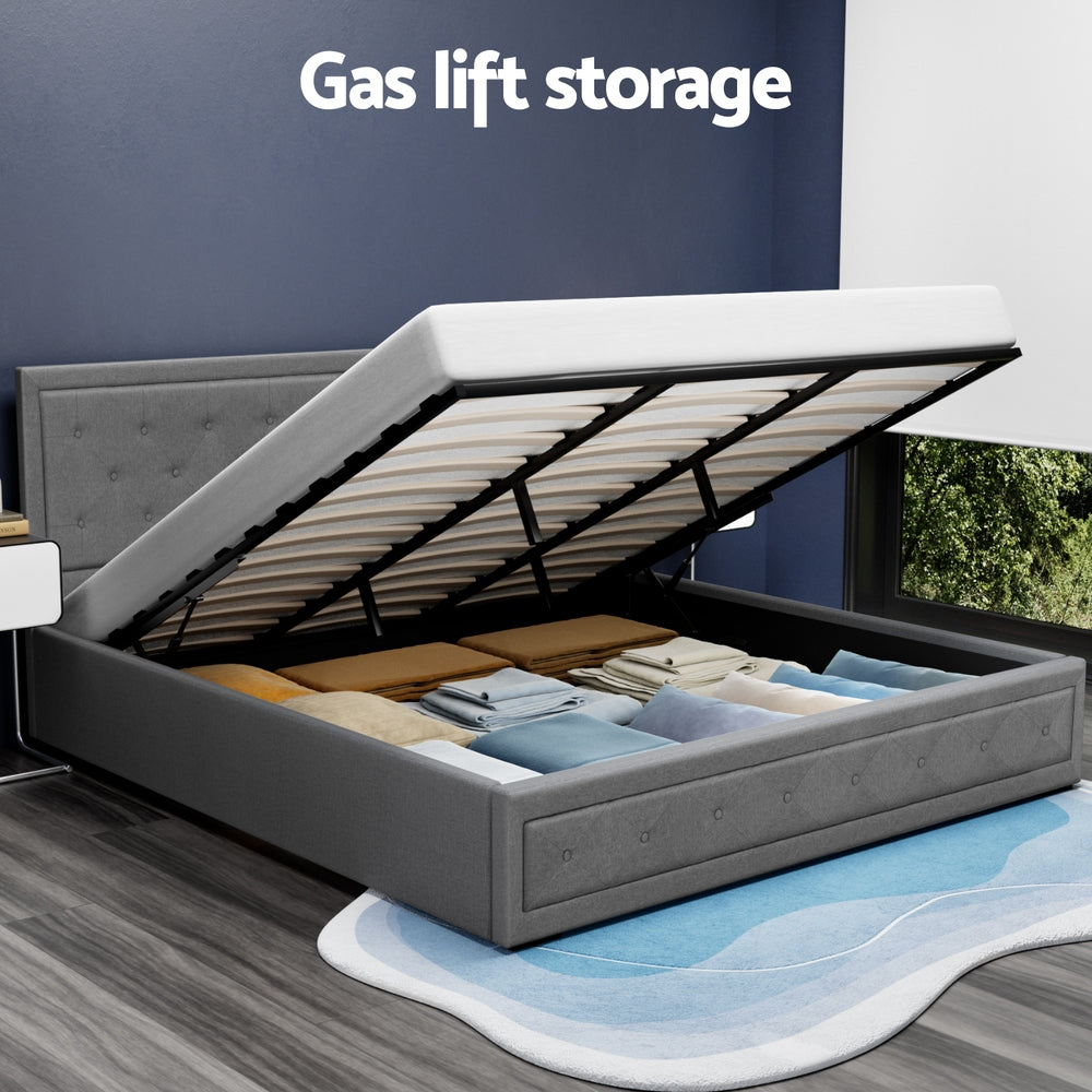 Artiss Tiyo Bed Frame Fabric Gas Lift Storage - Grey King-Bed Frames-PEROZ Accessories