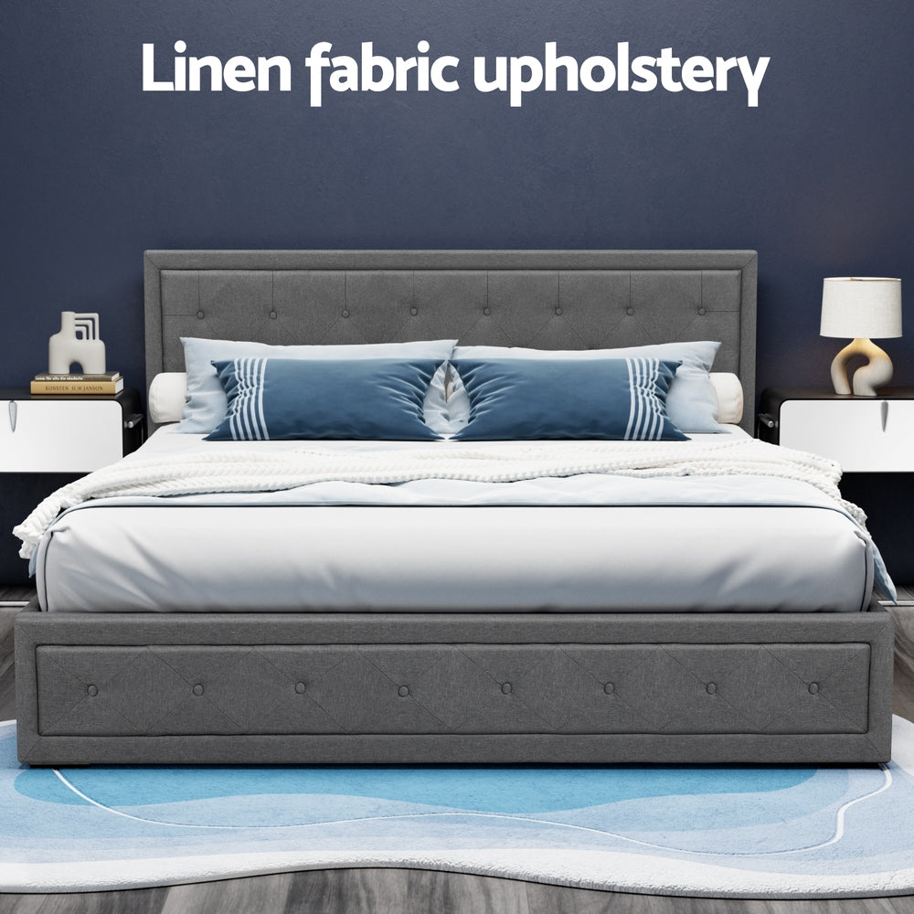 Artiss Tiyo Bed Frame Fabric Gas Lift Storage - Grey King-Bed Frames-PEROZ Accessories