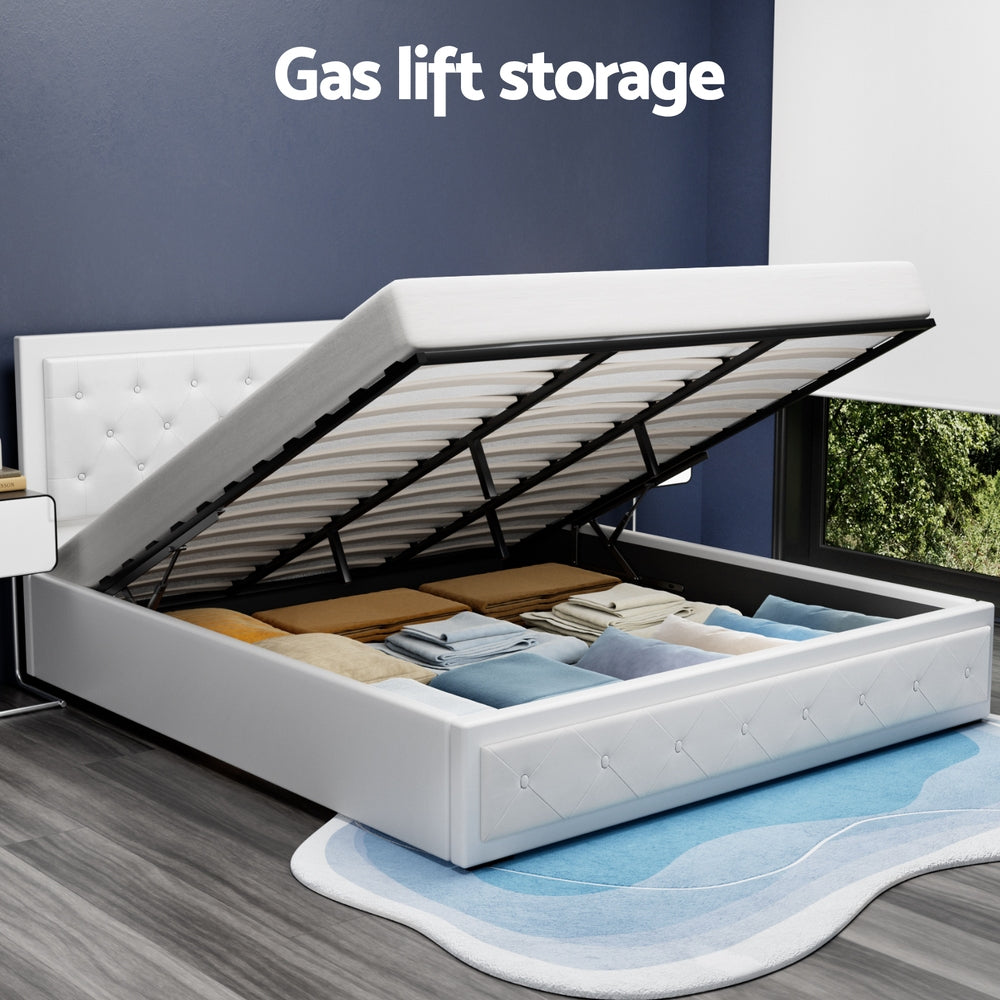 Artiss Bed Frame King Size Gas Lift Base With Storage White Leather Tiyo Collection-Bed Frames-PEROZ Accessories