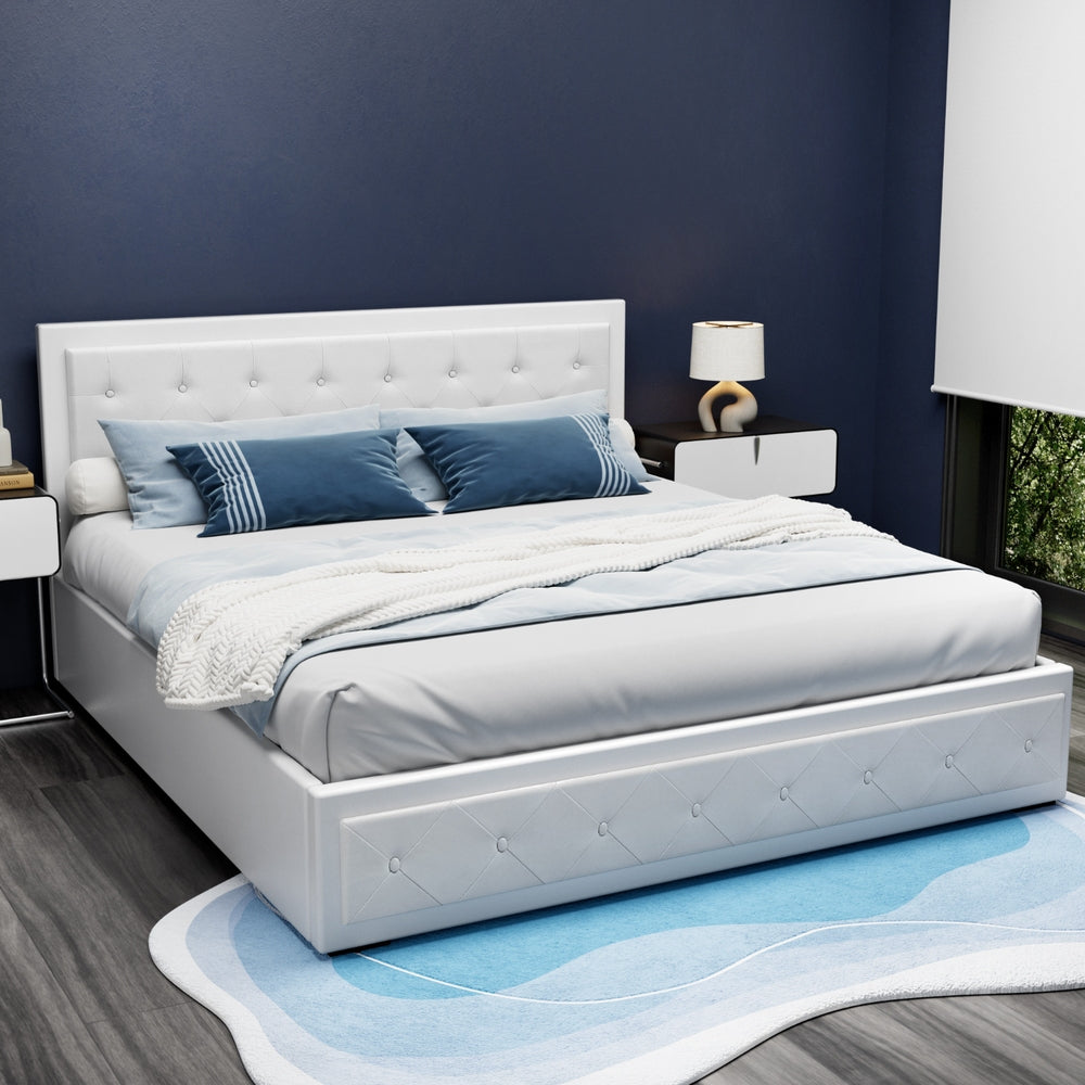 Artiss Bed Frame King Size Gas Lift Base With Storage White Leather Tiyo Collection-Bed Frames-PEROZ Accessories