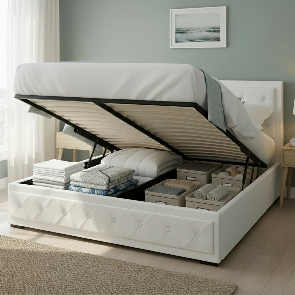 Artiss Tiyo Bed Frame PU Leather Gas Lift Storage - White Queen-Bed Frames-PEROZ Accessories