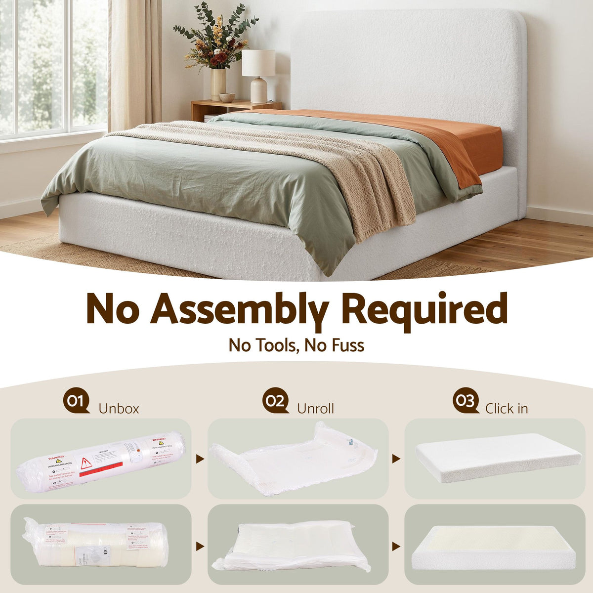 Artiss Double Bed Frame Boucle Fabric Vacuum Compressed Beds Removable Washable Cover-Furniture > Bedroom > Beds & Bed Frames-PEROZ Accessories