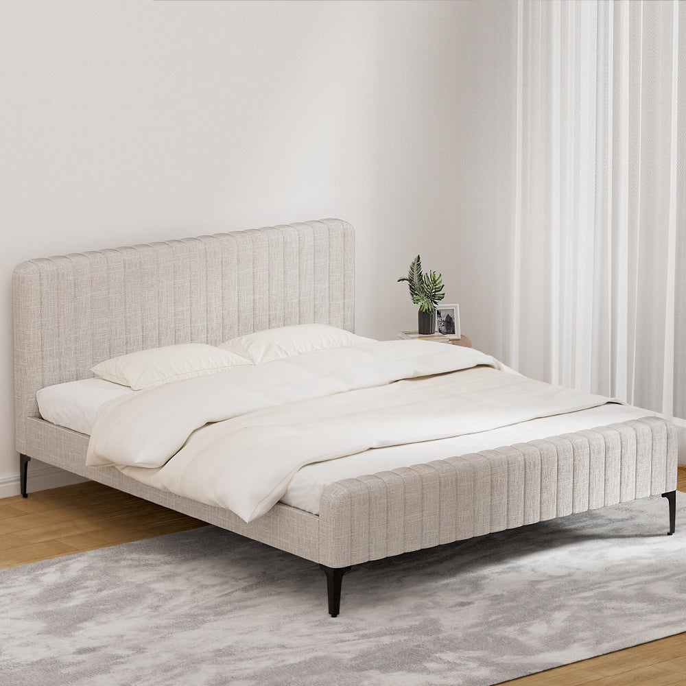 Artiss Bed Frame King Bed Base w Headboard Beige Fabric Wooden Slats Metal Legs-Furniture > Bedroom-PEROZ Accessories