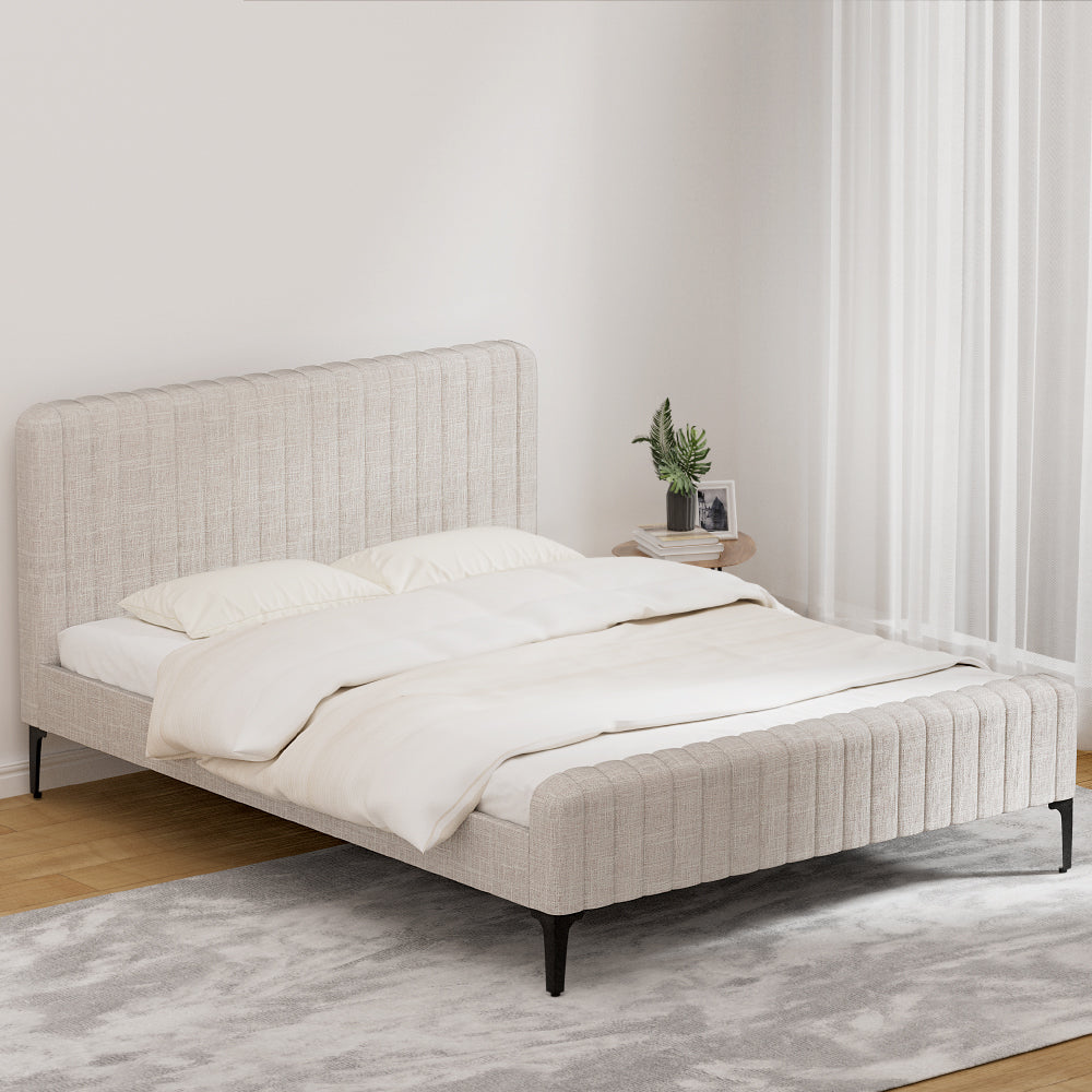 Artiss Bed Frame Queen Bed Base w Headboard Beige Fabric Wooden Slats Metal Legs-Furniture > Bedroom-PEROZ Accessories
