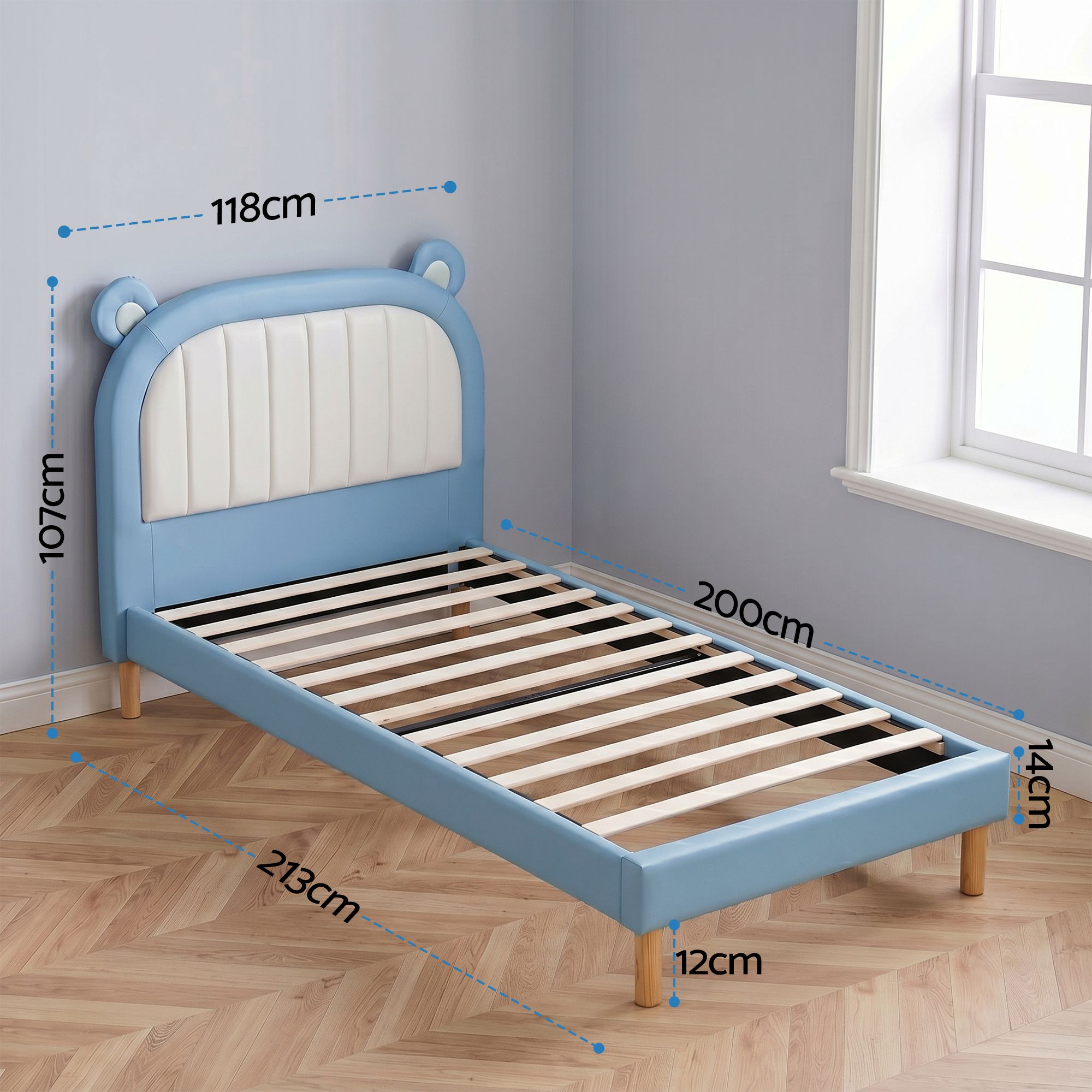 Artiss Kids King Single Bed Frame Upholstered Bear Headboard Waterproof Leather Boys Bed 180kg Capacity Blue and White-Furniture > Bedroom > Beds & Bed Frames-PEROZ Accessories