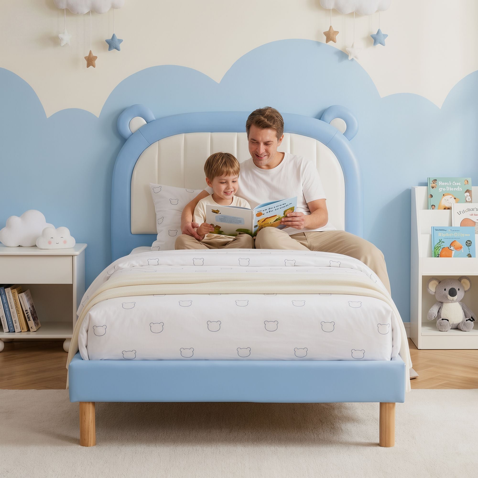 Artiss Kids King Single Bed Frame Upholstered Bear Headboard Waterproof Leather Boys Bed 180kg Capacity Blue and White-Furniture > Bedroom > Beds & Bed Frames-PEROZ Accessories