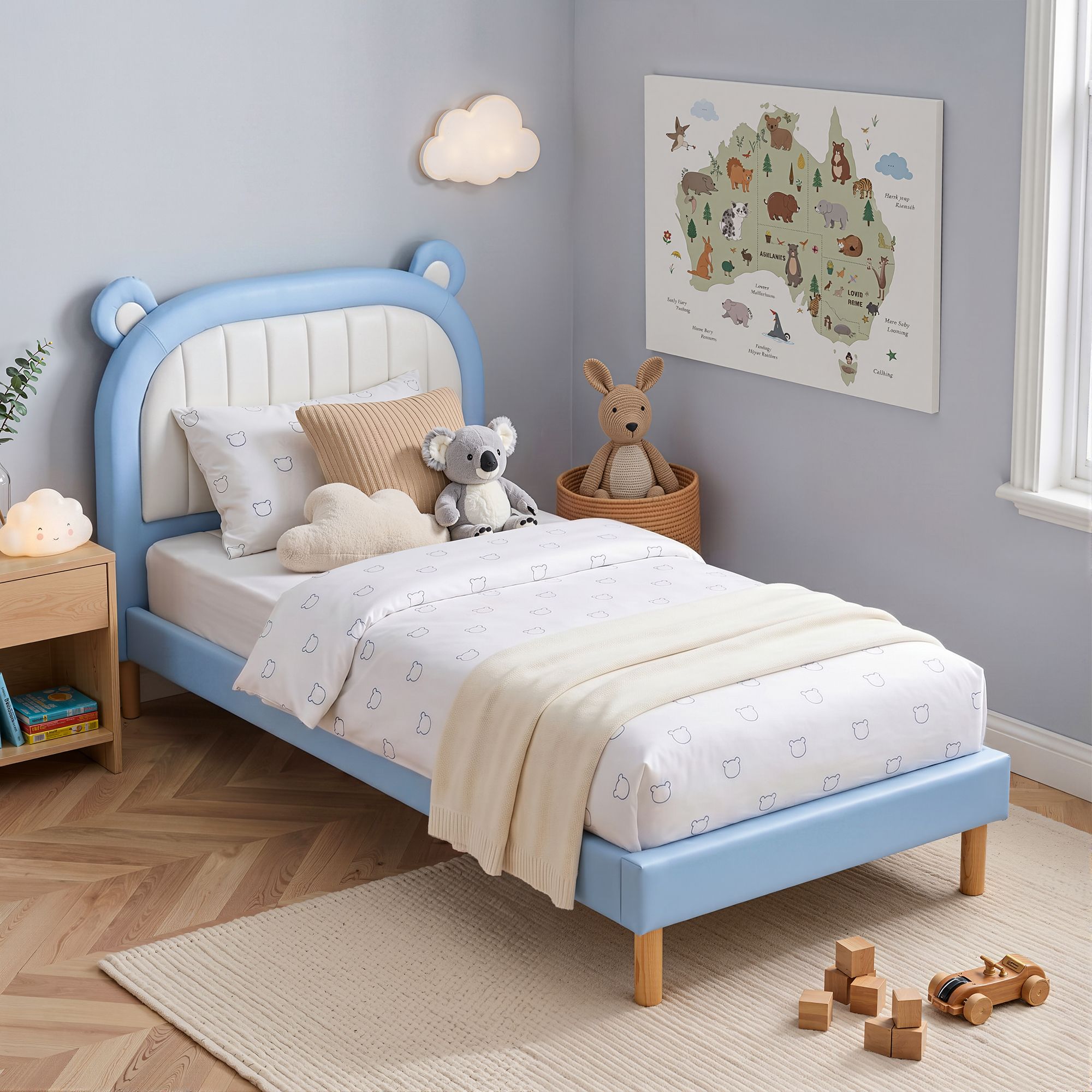 Artiss Kids King Single Bed Frame Upholstered Bear Headboard Waterproof Leather Boys Bed 180kg Capacity Blue and White-Furniture > Bedroom > Beds & Bed Frames-PEROZ Accessories