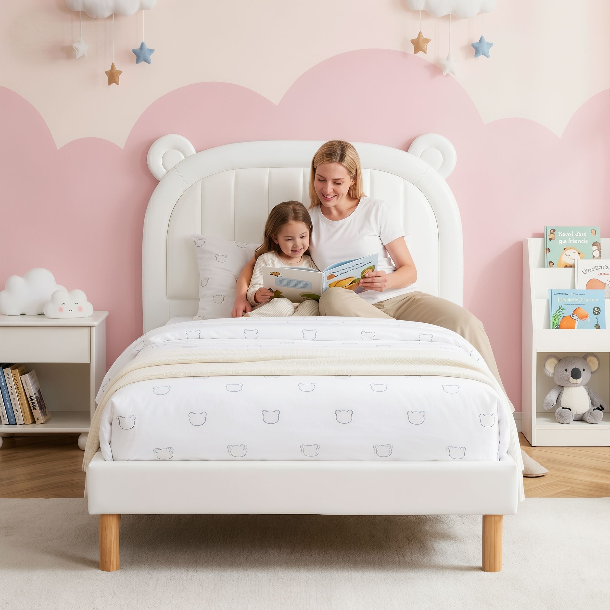Artiss Kids King Single Bed Frame Bear Ears Headboard Upholstered Leather Platform Bed for Child-Furniture > Bedroom > Beds & Bed Frames-PEROZ Accessories