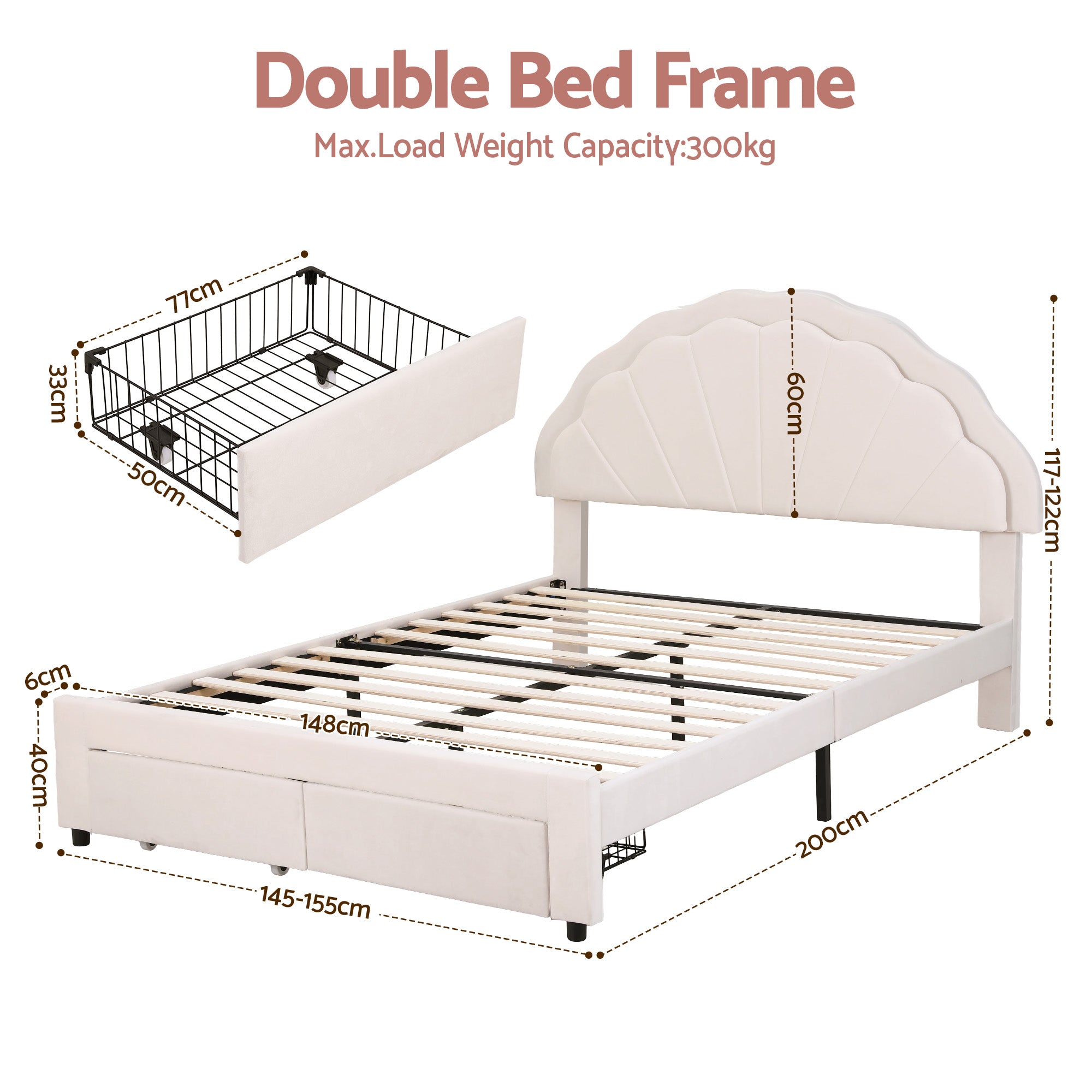 Artiss Double Bed Frame with 2 Storage Drawers Upholstered Velvet Platform Bed LED Headboard-Furniture > Bedroom > Beds & Bed Frames-PEROZ Accessories