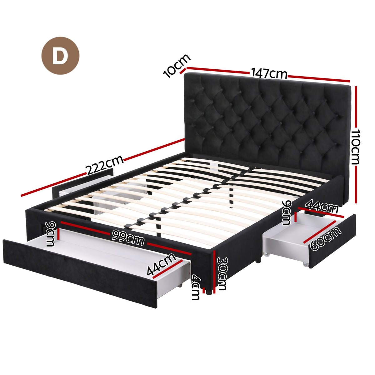 Artiss Double Bed Frame Storage Charging Station Upholstered 3 Drawers USB Type-C-Furniture > Bedroom > Beds & Bed Frames-PEROZ Accessories