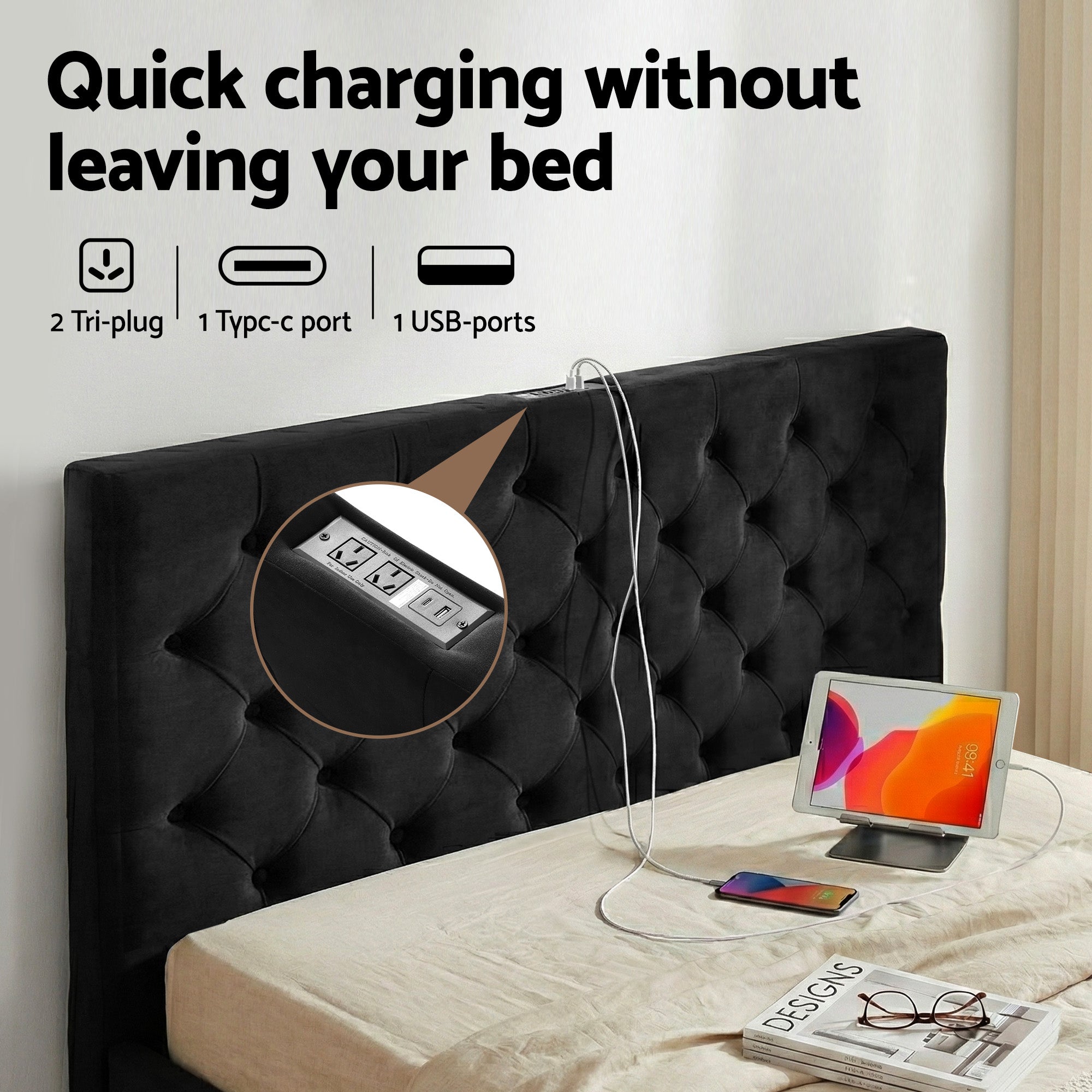 Artiss Double Bed Frame Storage Charging Station Upholstered 3 Drawers USB Type-C-Furniture > Bedroom > Beds & Bed Frames-PEROZ Accessories