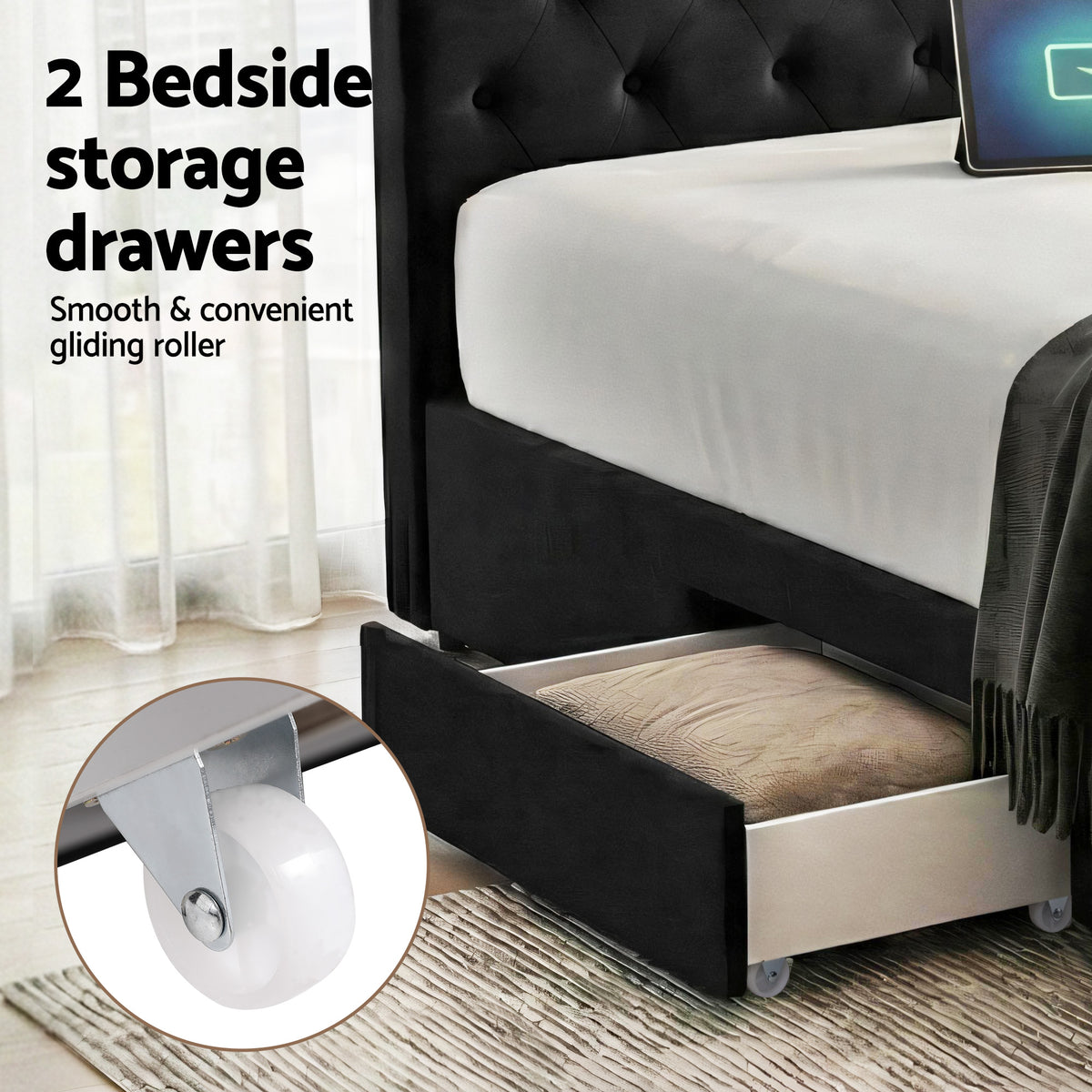 Artiss Double Bed Frame Storage Charging Station Upholstered 3 Drawers USB Type-C-Furniture > Bedroom > Beds & Bed Frames-PEROZ Accessories