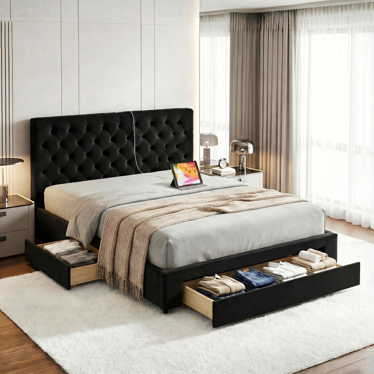Artiss King Bed Frame Storage Charging Station Upholstered 3 Drawers USB Type-C-Furniture > Bedroom > Beds & Bed Frames-PEROZ Accessories