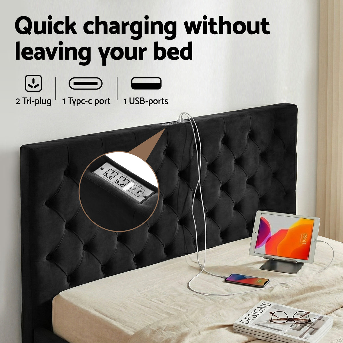 Artiss Queen Bed Frame Storage Charging Station Upholstered 3 Drawers USB Type-C-Furniture > Bedroom > Beds & Bed Frames-PEROZ Accessories