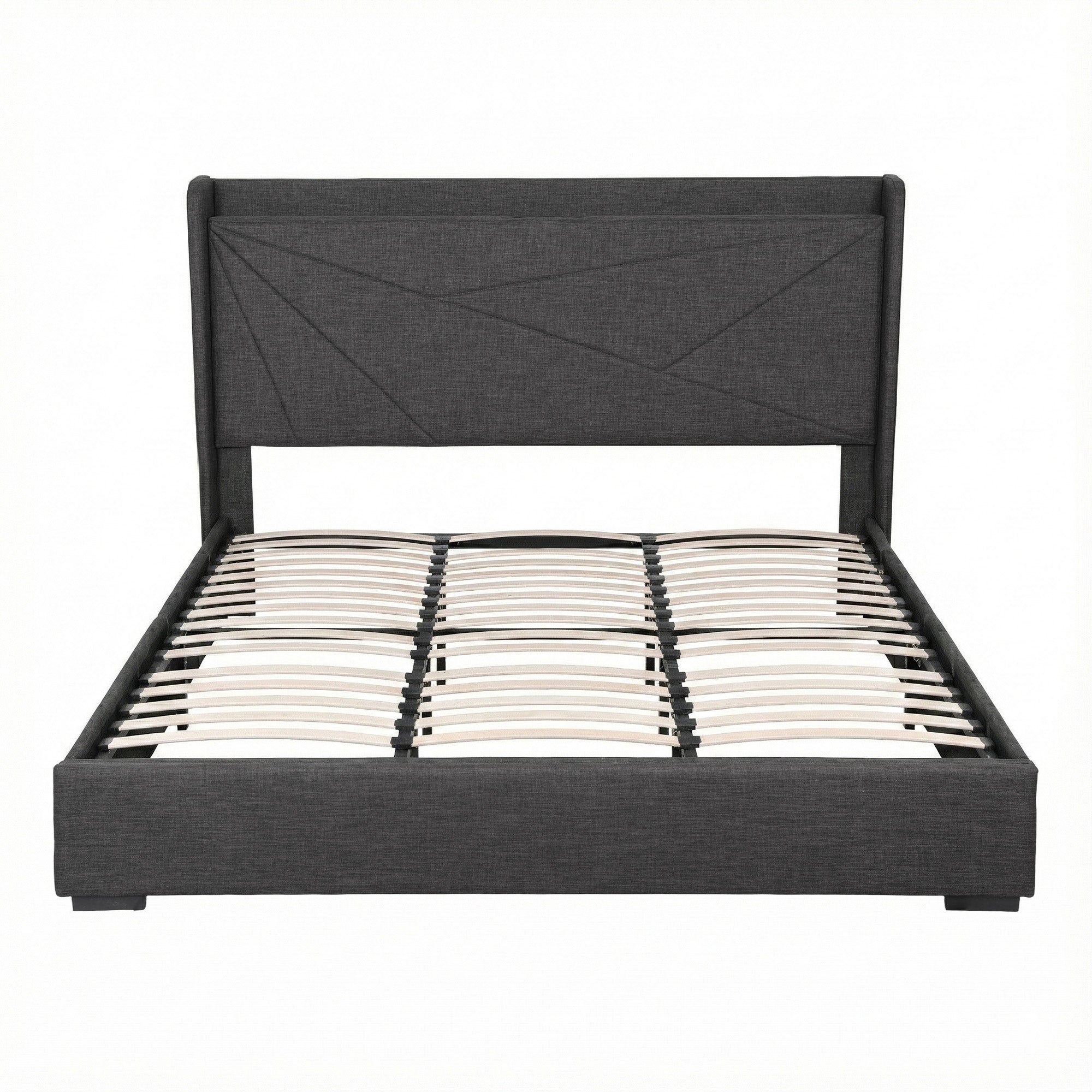 Artiss King Bed Frame Gas Lift Storage Bed with Charging Ports Upholstered Geometric Headboard Charcoal Grey-Furniture > Bedroom > Beds & Bed Frames-PEROZ Accessories