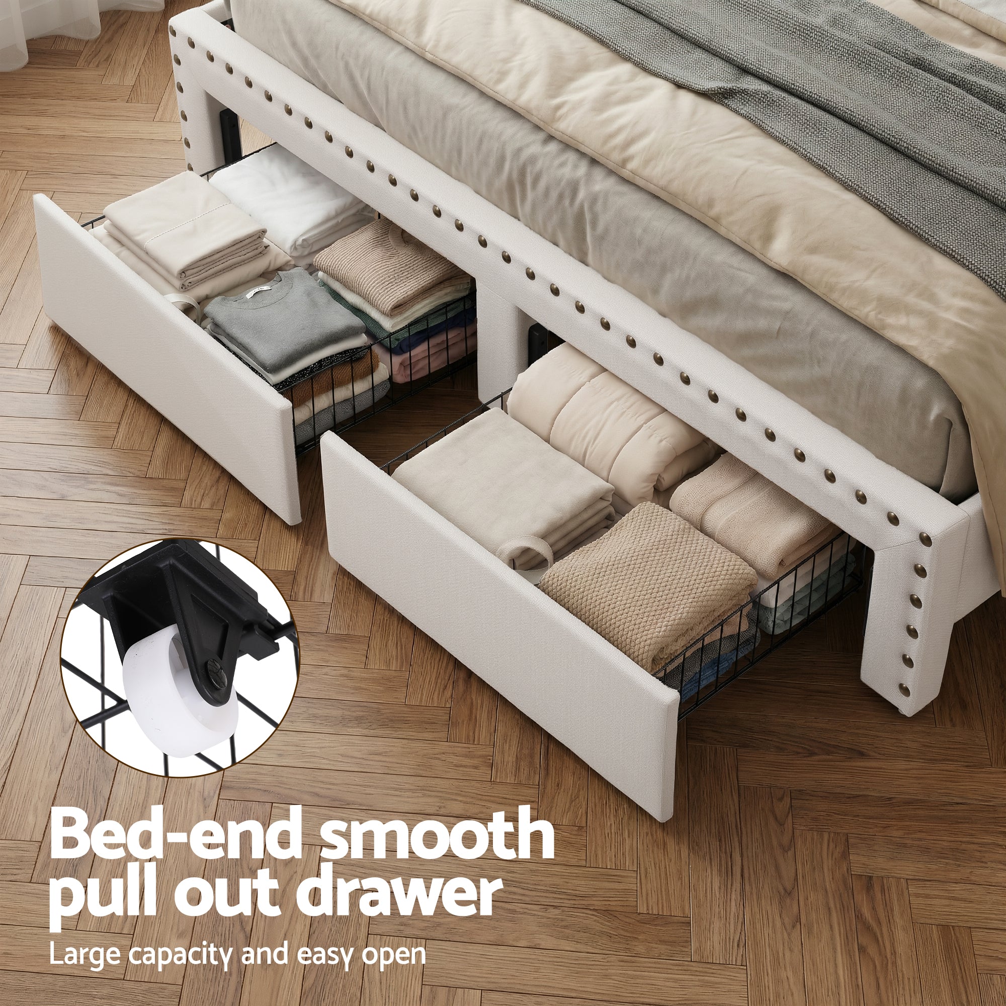 Artiss King Upholstered Bed Frame with Shelf Storage Drawers Charging Station Mood Lighting Linen-Furniture > Bedroom > Beds & Bed Frames-PEROZ Accessories
