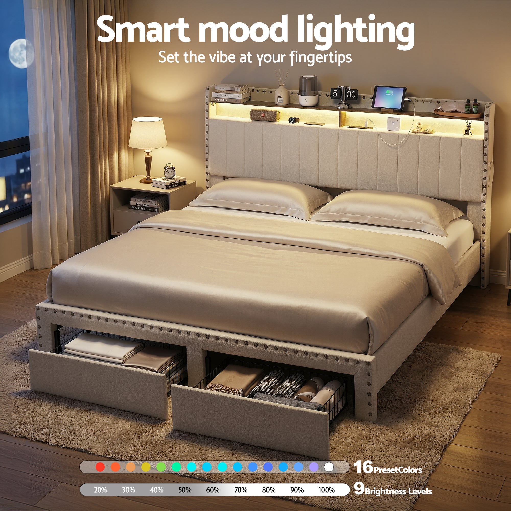 Artiss King Upholstered Bed Frame with Shelf Storage Drawers Charging Station Mood Lighting Linen-Furniture > Bedroom > Beds & Bed Frames-PEROZ Accessories