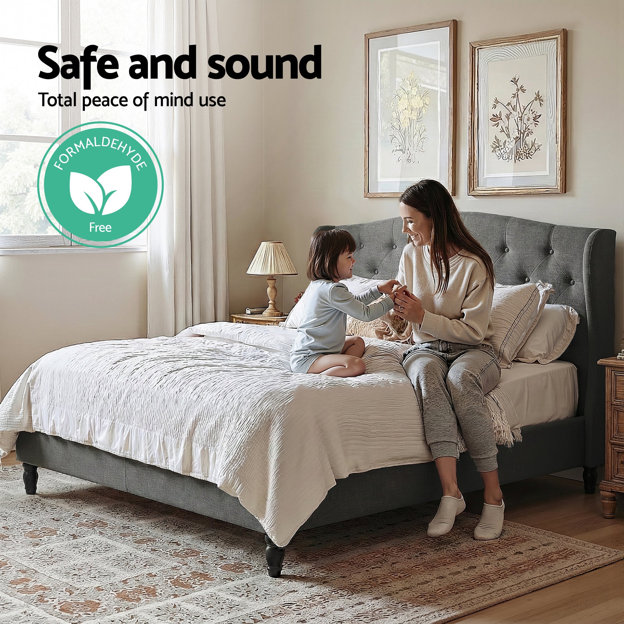 Artiss Double Bed Frame with Wingback Headboard Grey Linen Upholstered Platform Bed Base-Furniture > Bedroom > Beds & Bed Frames-PEROZ Accessories