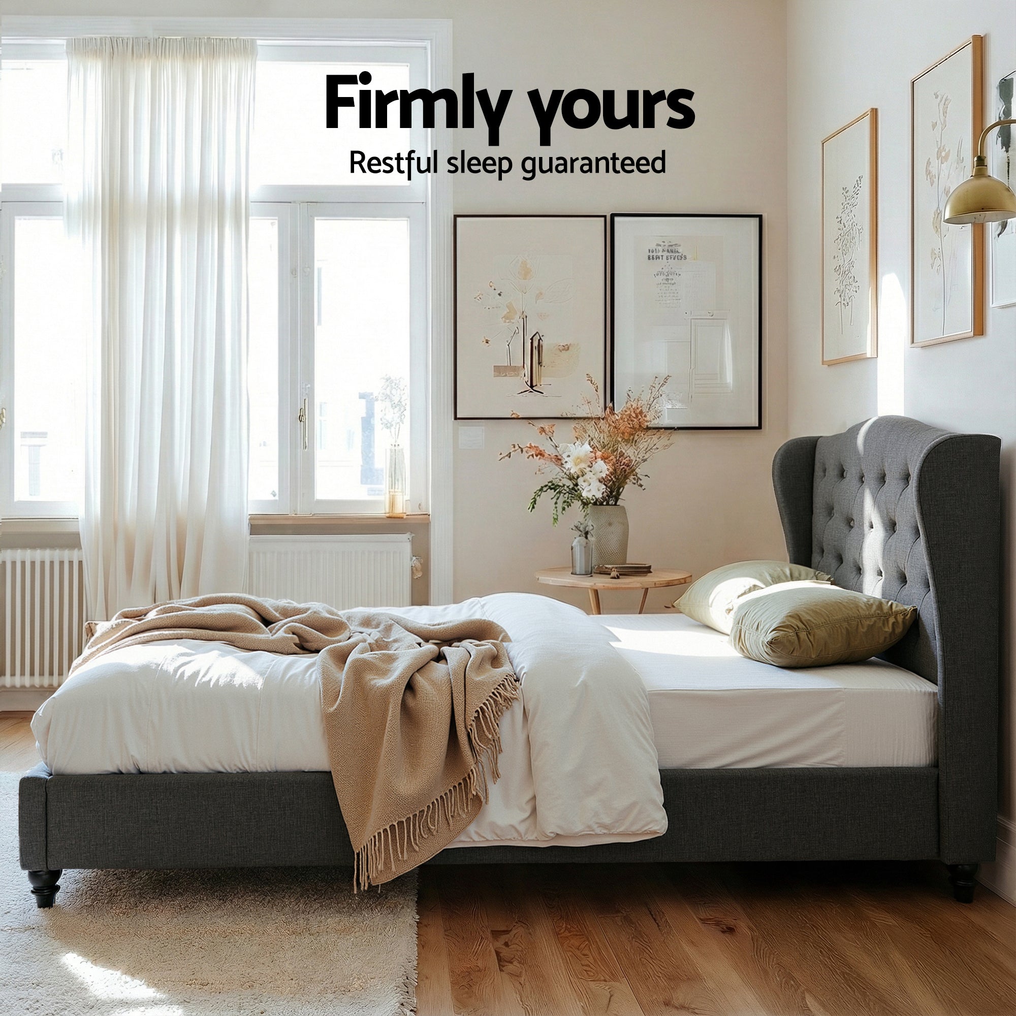 Artiss Double Bed Frame with Wingback Headboard Grey Linen Upholstered Platform Bed Base-Furniture > Bedroom > Beds & Bed Frames-PEROZ Accessories